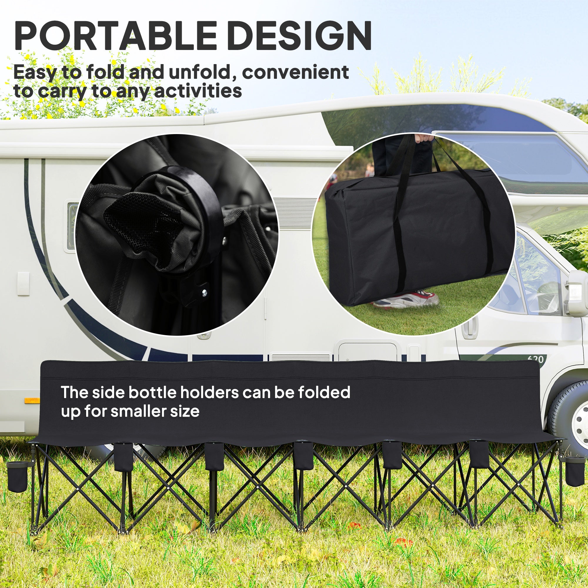 6 Seat Folding Camping Chair with Cup Holder and Carrying Case for Camping, Picnic, Sport Events, Black