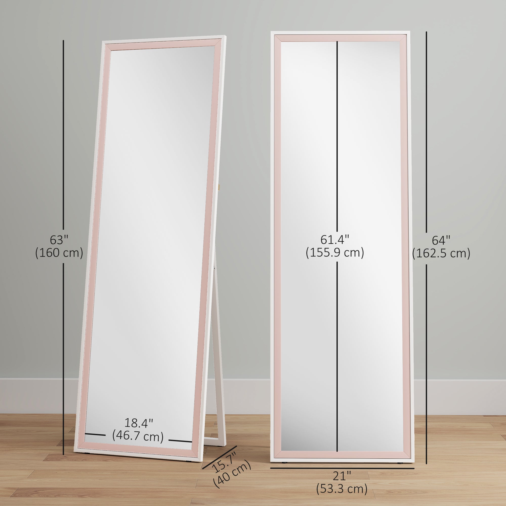 64" x 21" Full Length Mirror, Rectangular Full Body Mirror with Frame, Standing, Hanging or Leaning, White and Pink