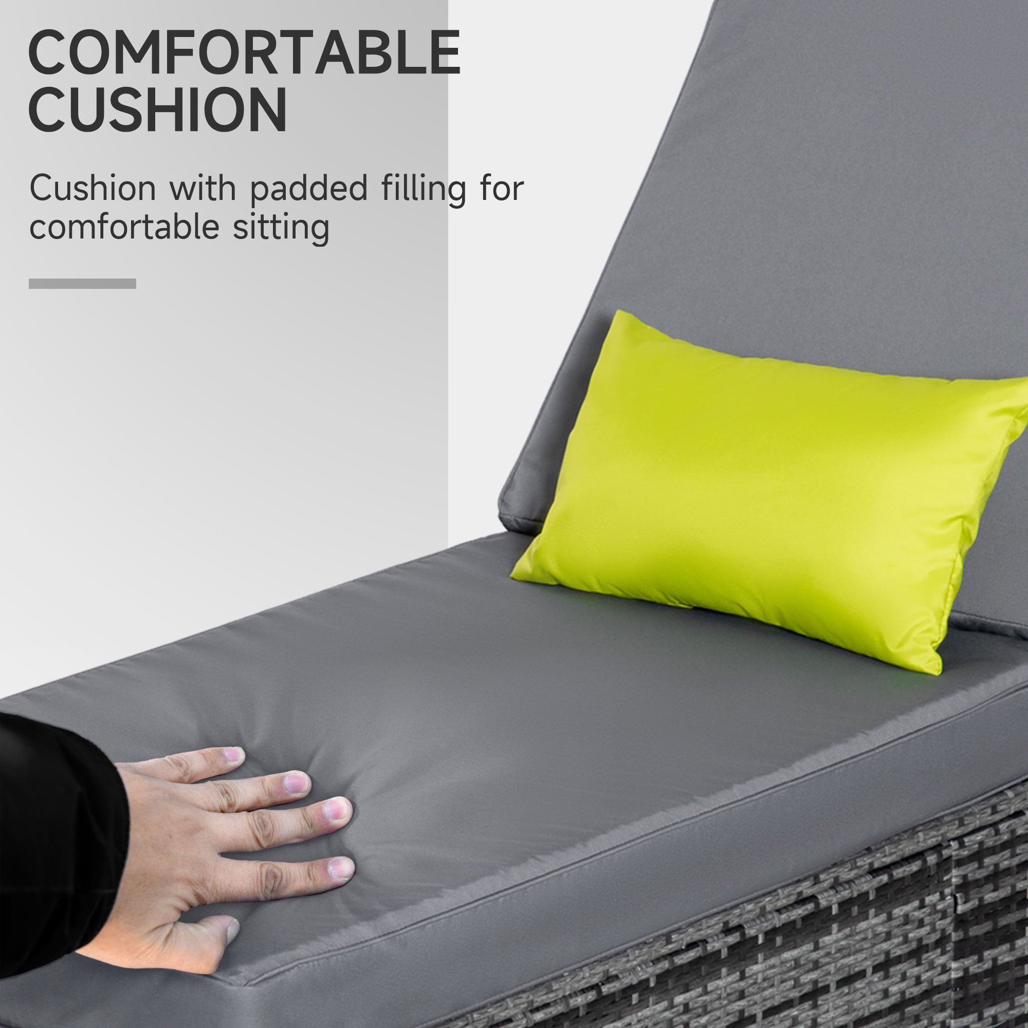 Patio Wicker Lounger, Outdoor PE Rattan Single Chaise Lounge w/Adjustable Recliner Backrest, Cushion, & Pillow, Grey