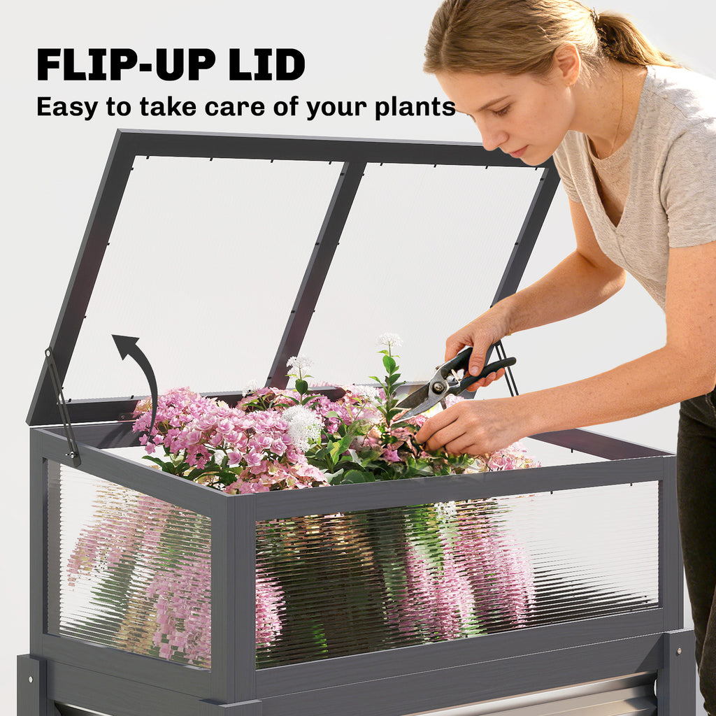 Raised Garden Bed with Flip-Up Greenhouse Top, Wooden Elevated Planter Box with Legs and Liner, Grey