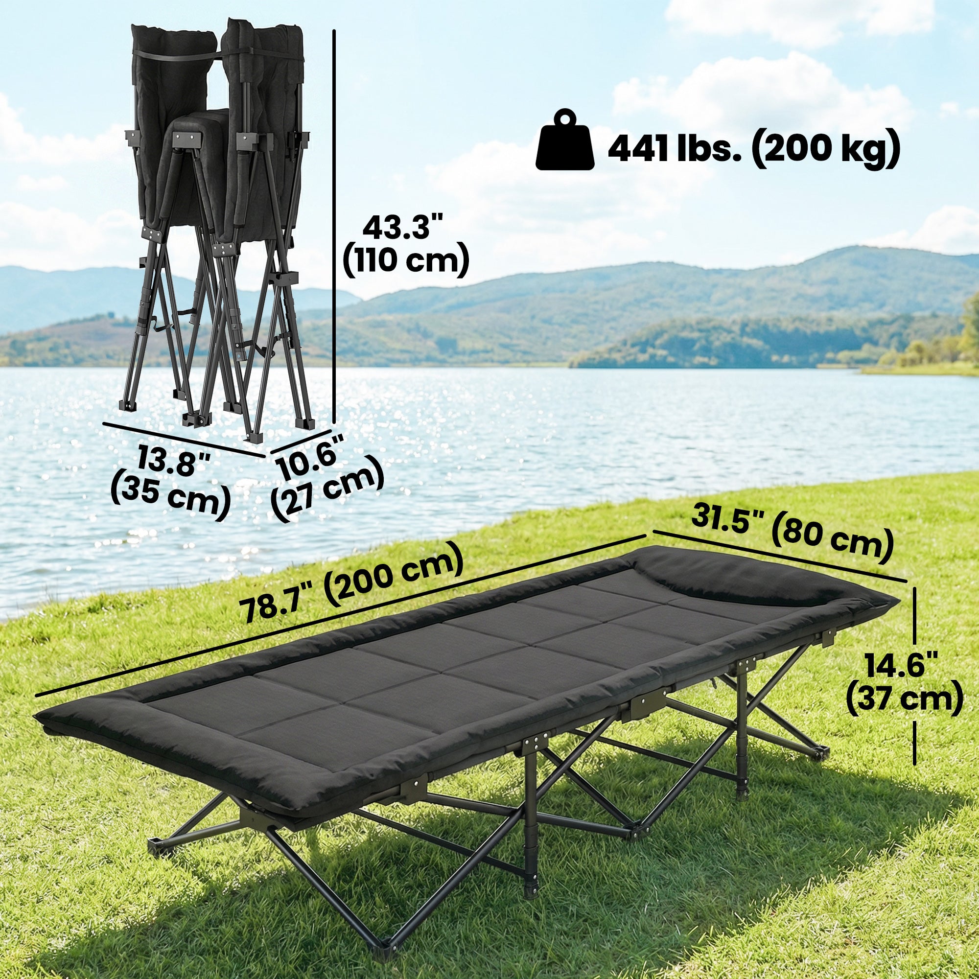 Camping Cot for Adults with Padded Cushion, 31.5" Wide Folding Bed with Carry Bag and Non-Slip Feet, Black