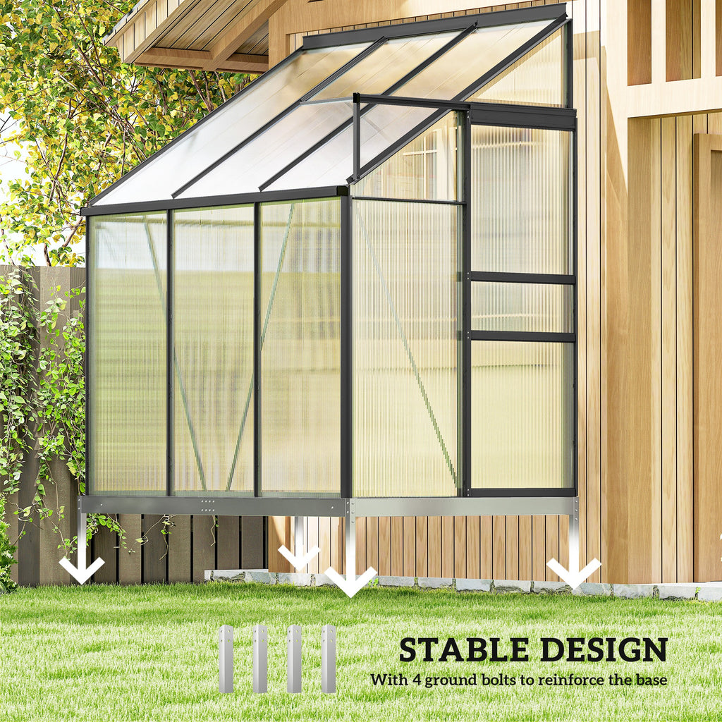 Aluminum Lean-to Greenhouse Polycarbonate Walk-in Greenhouse with Rain Gutter and Sliding Door, 6' x 4', Dark Grey