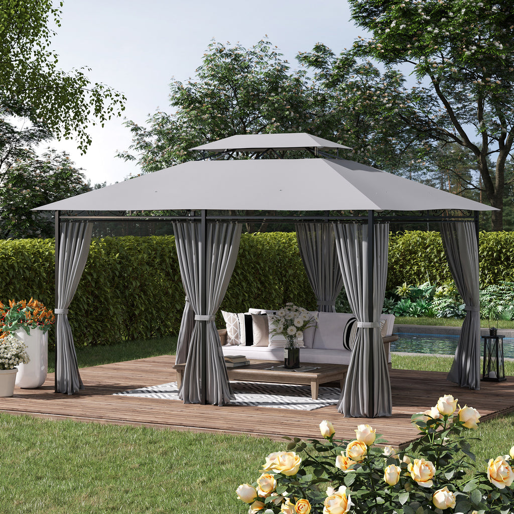 10' x 13' Patio Gazebo, 2-Tiers Outdoor Canopy Sunshade Shelter with Curtains, Dark Grey