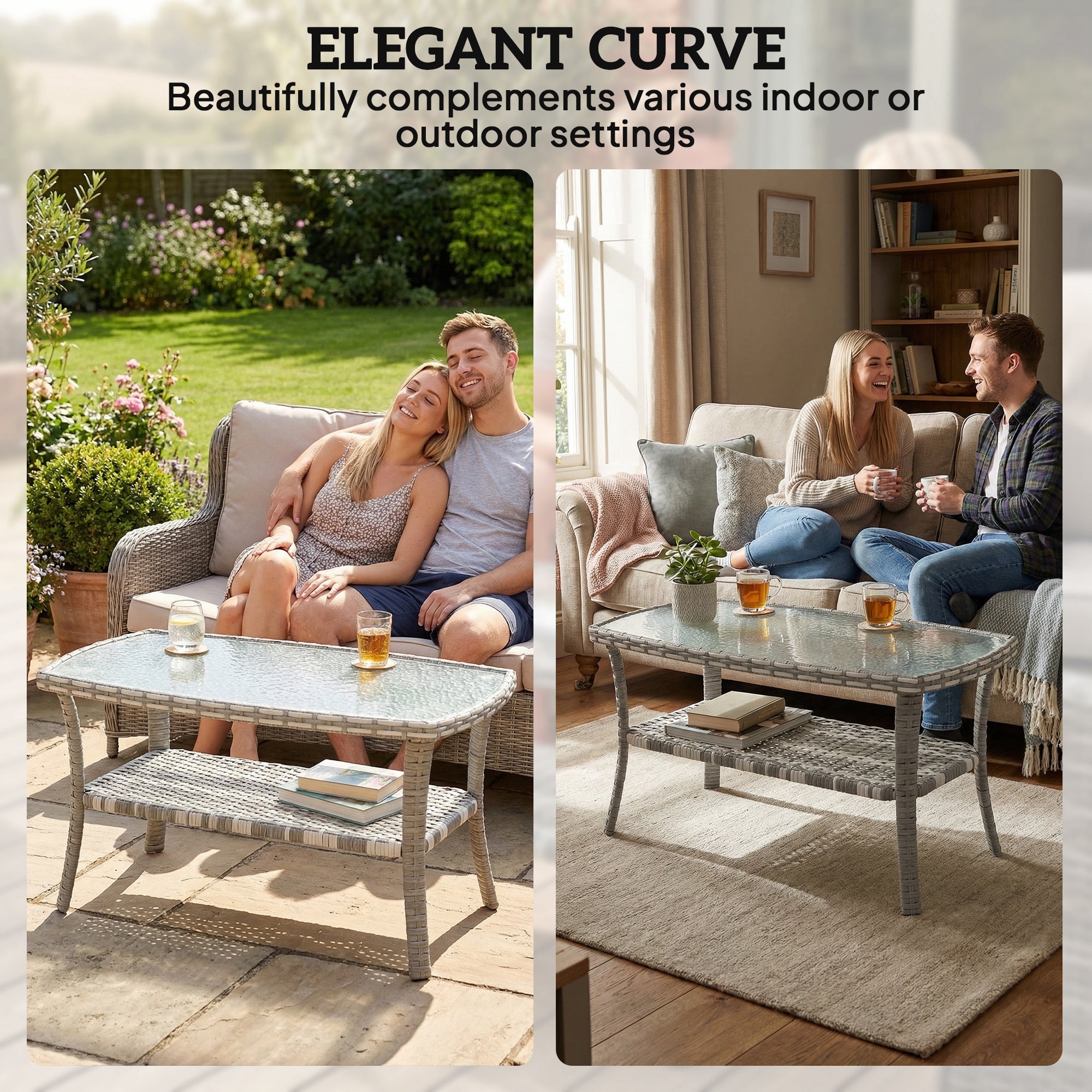 Outdoor Coffee Table with Storage Shelf, PE Wicker Patio Table with Glass Top for Garden, Backyard, Dark Grey
