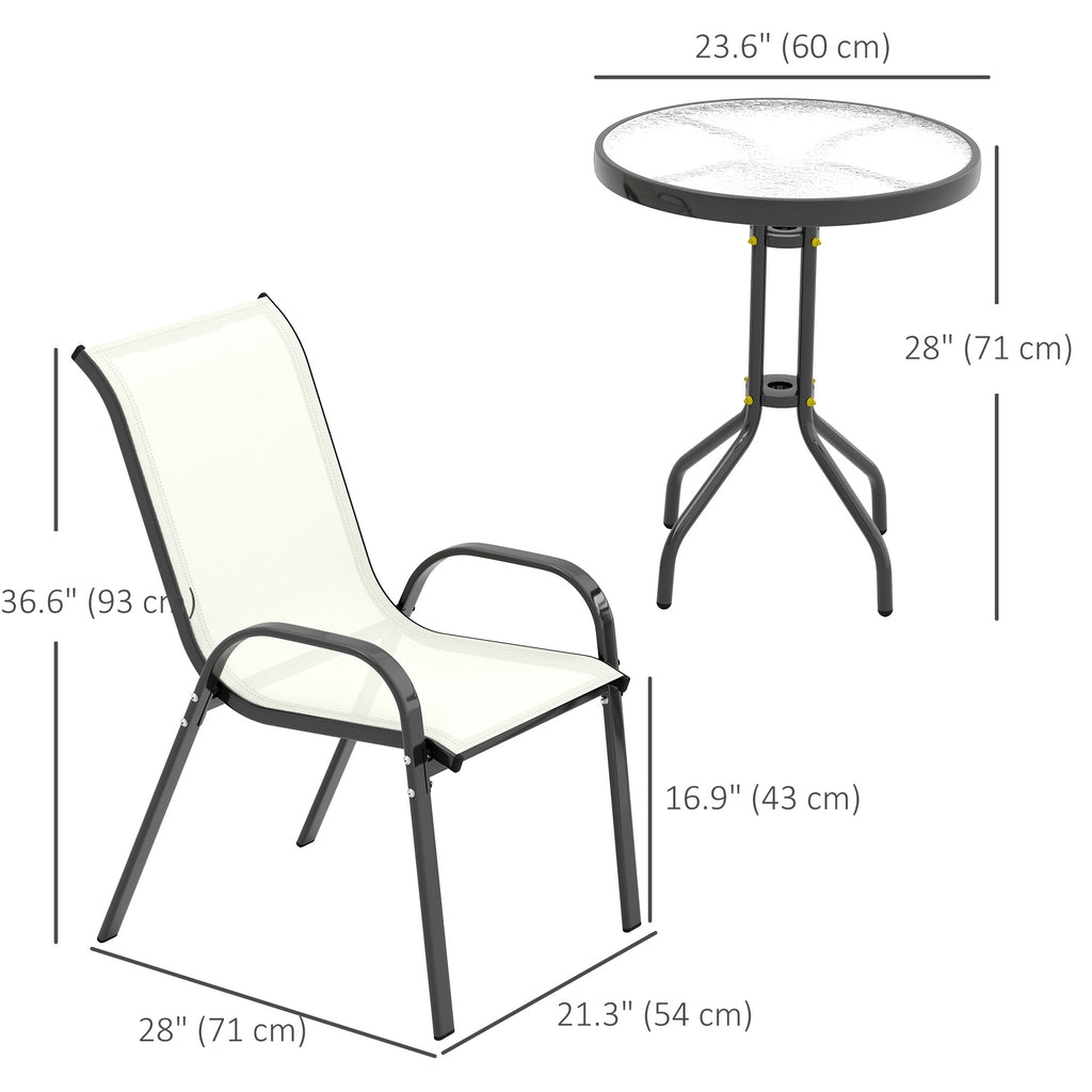 3 Pieces Bistro Set, Small Patio Furniture Set with Stackable Mesh Chairs, Glass Table for Garden, Balcony, Beige