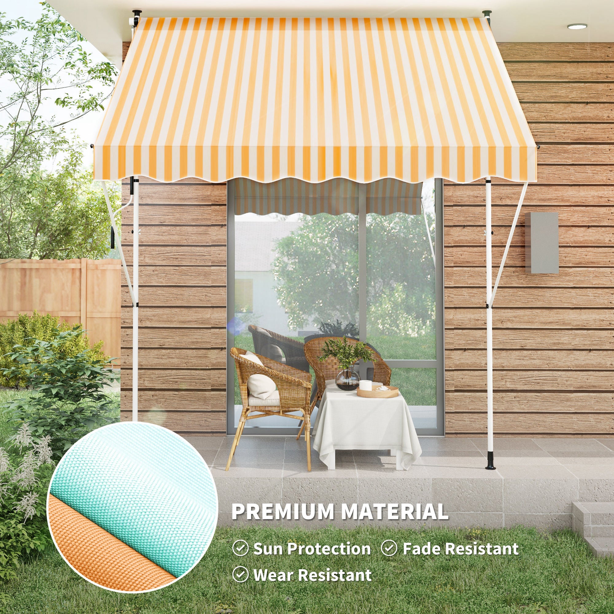 10x5ft Manual Retractable Awning, Patio Sun Shade Canopy Shelter with 5.6-9.2ft Support Pole, Water Resistant UV Protector, for Window, Door, Porch, Deck, Yellow