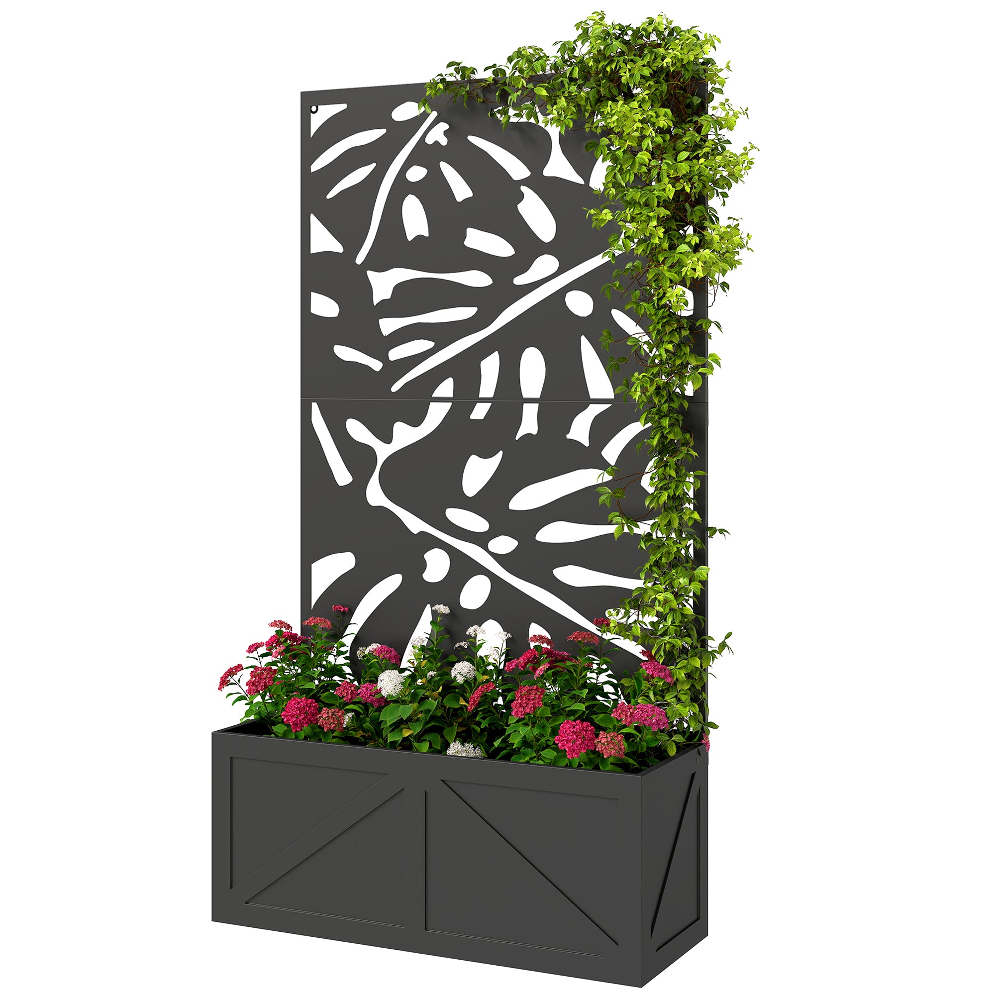 Metal Raised Garden Bed with Trellis for Climbing Plants, Freestanding or Wall Mounted Flower Bed with Privacy Panel