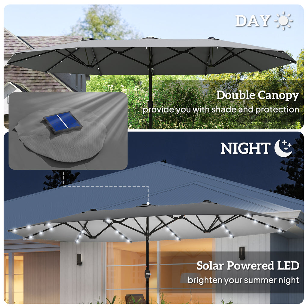 173" Double-Sided Sun Umbrella Garden Parasol Patio Sun Shade Outdoor with LED Solar Light, No Base Included, Dark Gre