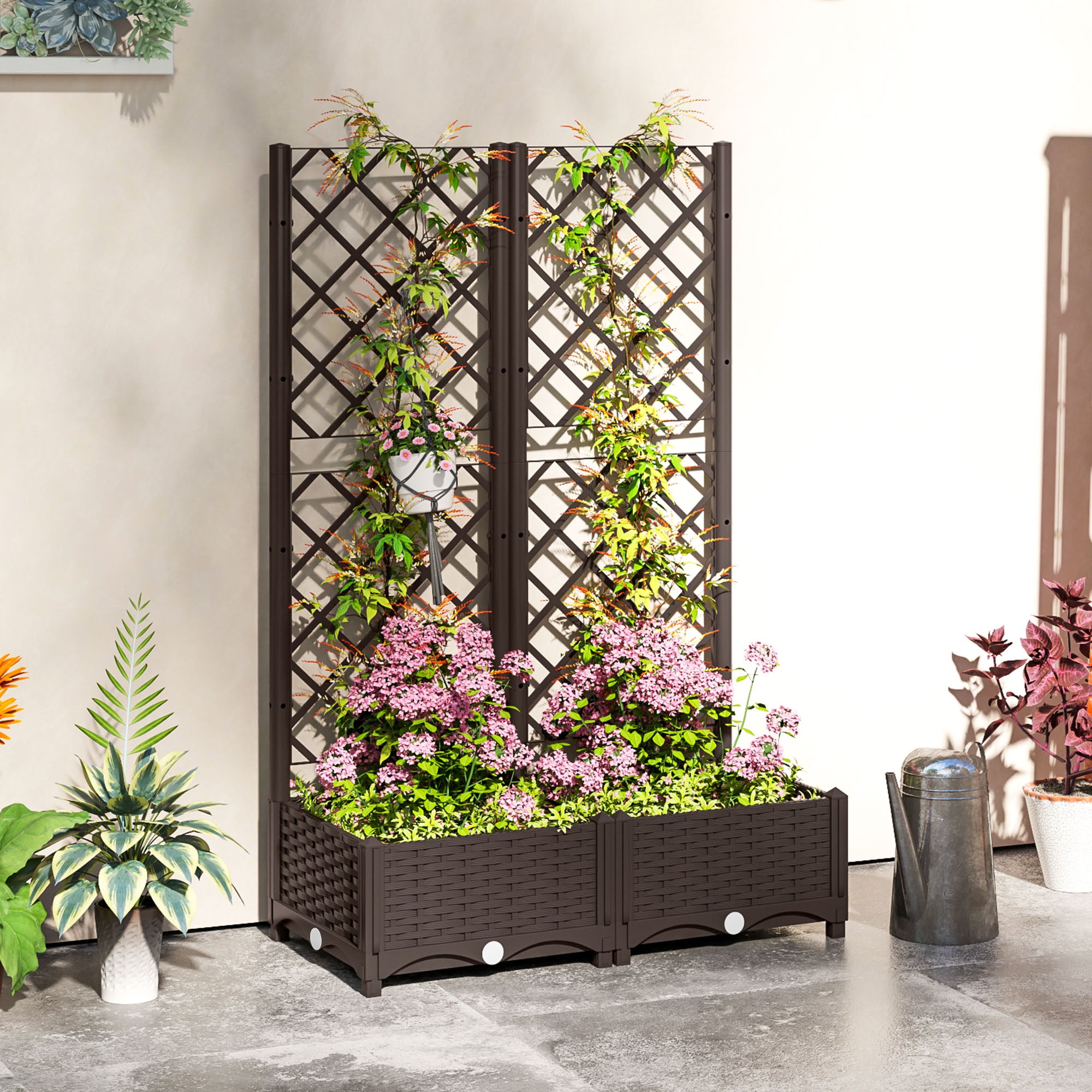 Raised Garden Bed with Trellis, Plastic Raised Flower Bed with Drainage Holes and Drain Plugs, 32" x 16" x 48"