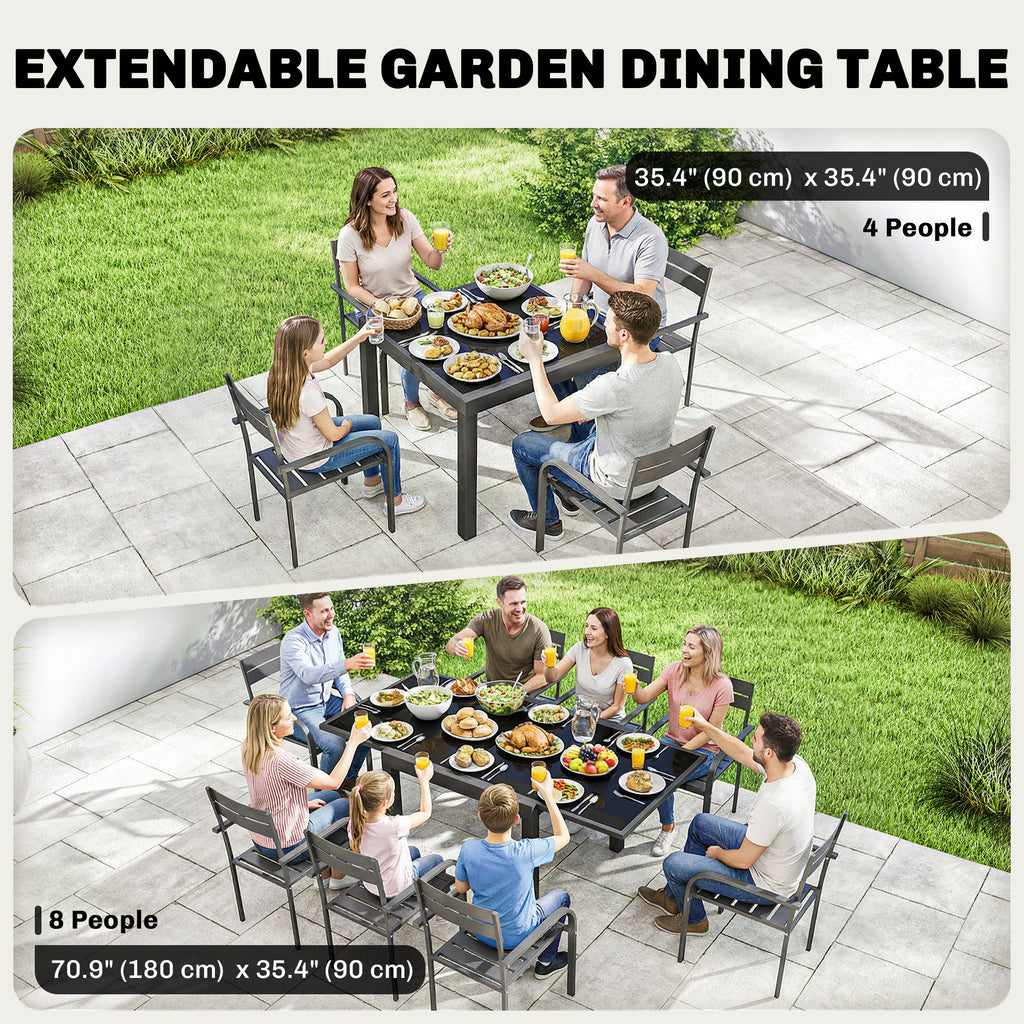 Aluminum Expandable Outdoor Dining Table with Tempered Glass Tabletop and Aluminum Frame, for Garden, Backyard, Black