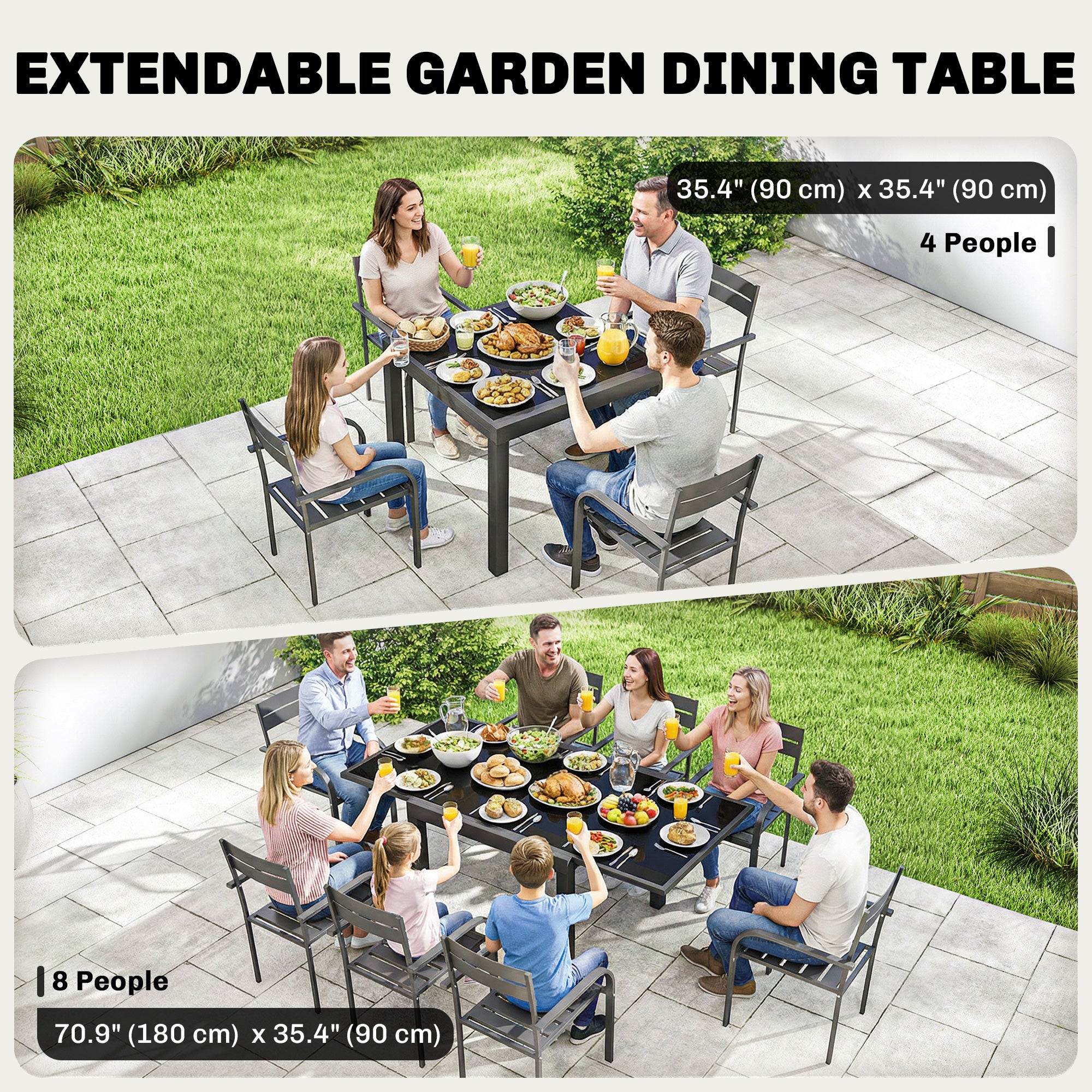 Aluminum Expandable Outdoor Dining Table with Tempered Glass Tabletop and Aluminum Frame, for Garden, Backyard, Black