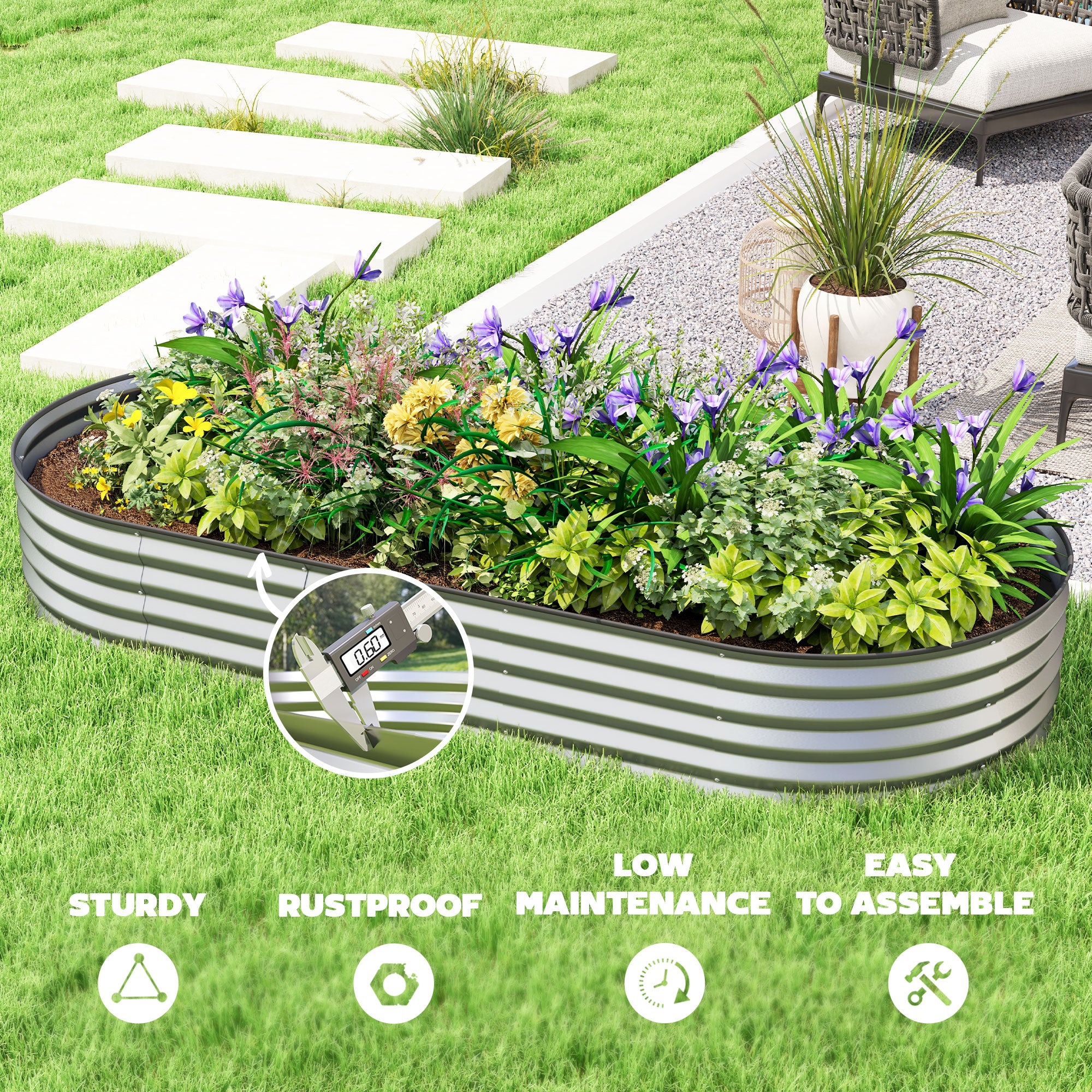 7' x 3' x 1' Large Outdoor Planter Box, Galvanized Raised Garden Bed with Metal Plant Stake, Silver