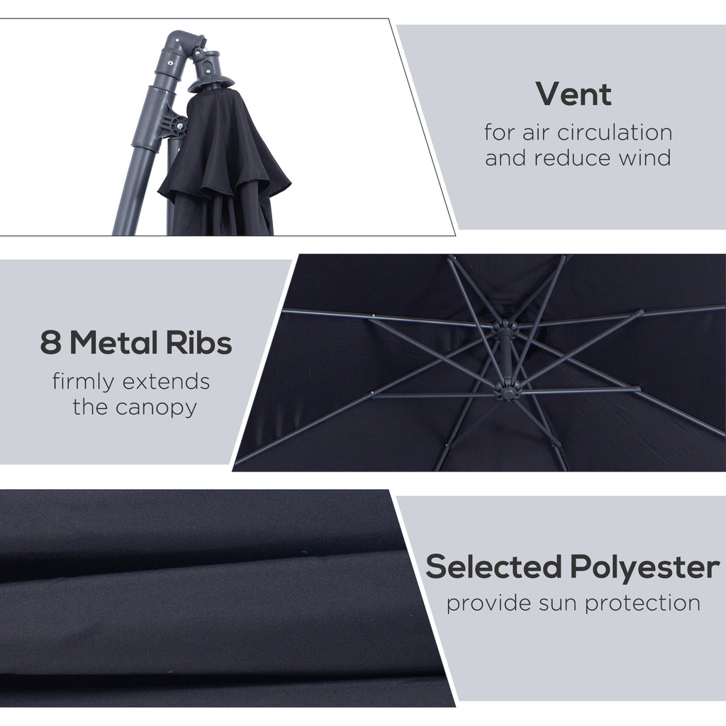 10' Deluxe Patio Umbrella Outdoor Market Parasol Banana Hanging Offset Sunshade Crank Cross Base Black