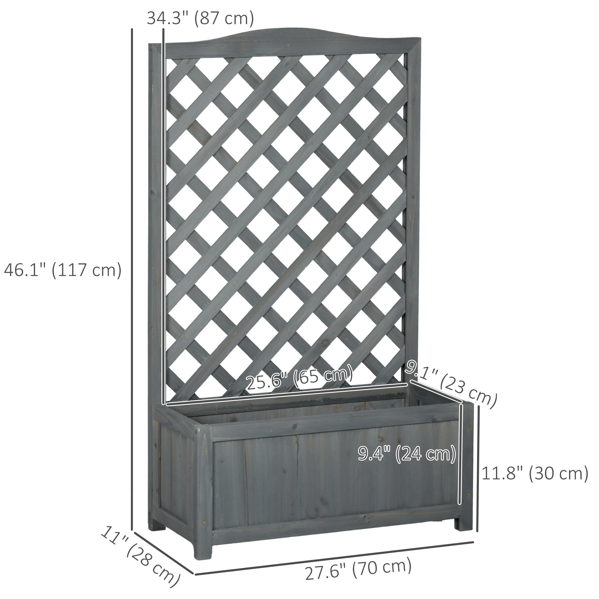 Wood Planter with Trellis for Vine Climbing, Raised Garden Bed to Grow Vegetables for Backyard, 28" x 11" x 46", Grey
