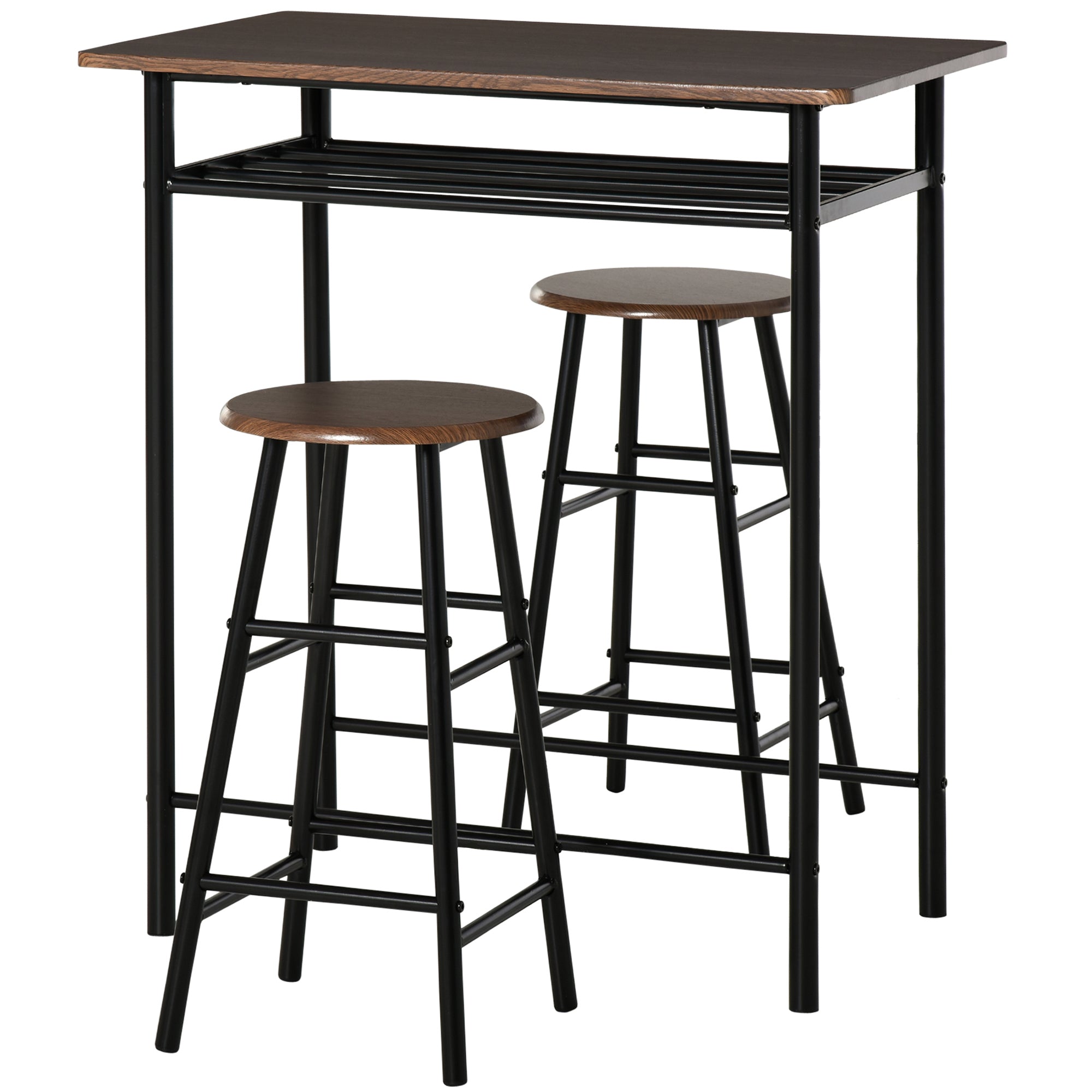 3 Piece Counter Height Bar Table Set with 1 Table, 2 Matching Stools, Dining Table Set with Storage Shelf and Metal Frame Footrest, Black and Oak