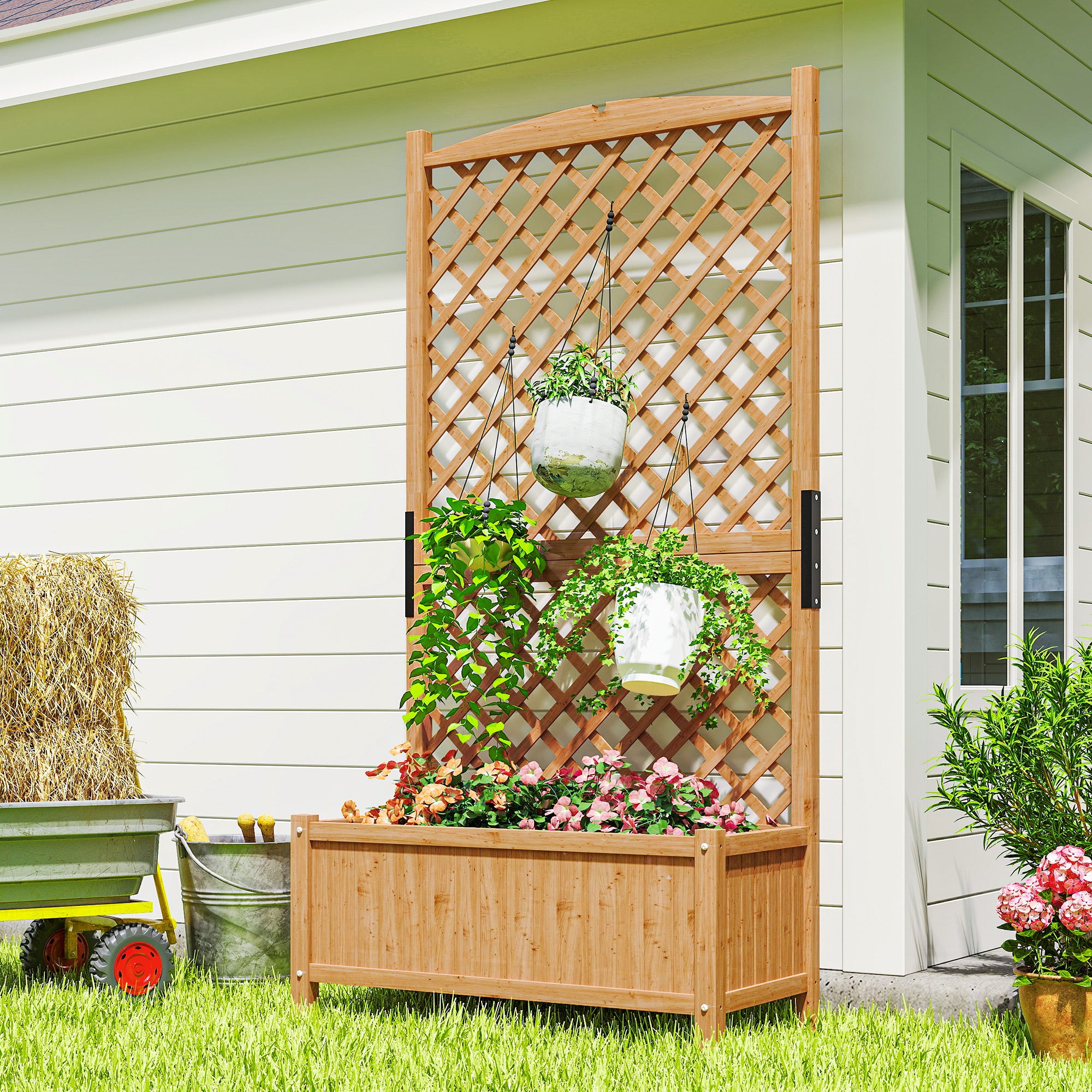 Raised Garden Bed with Trellis, Wooden Raised Planter Box with Elevated Raised Bed, 35.4" x 17.7" x 70.9", Yellow