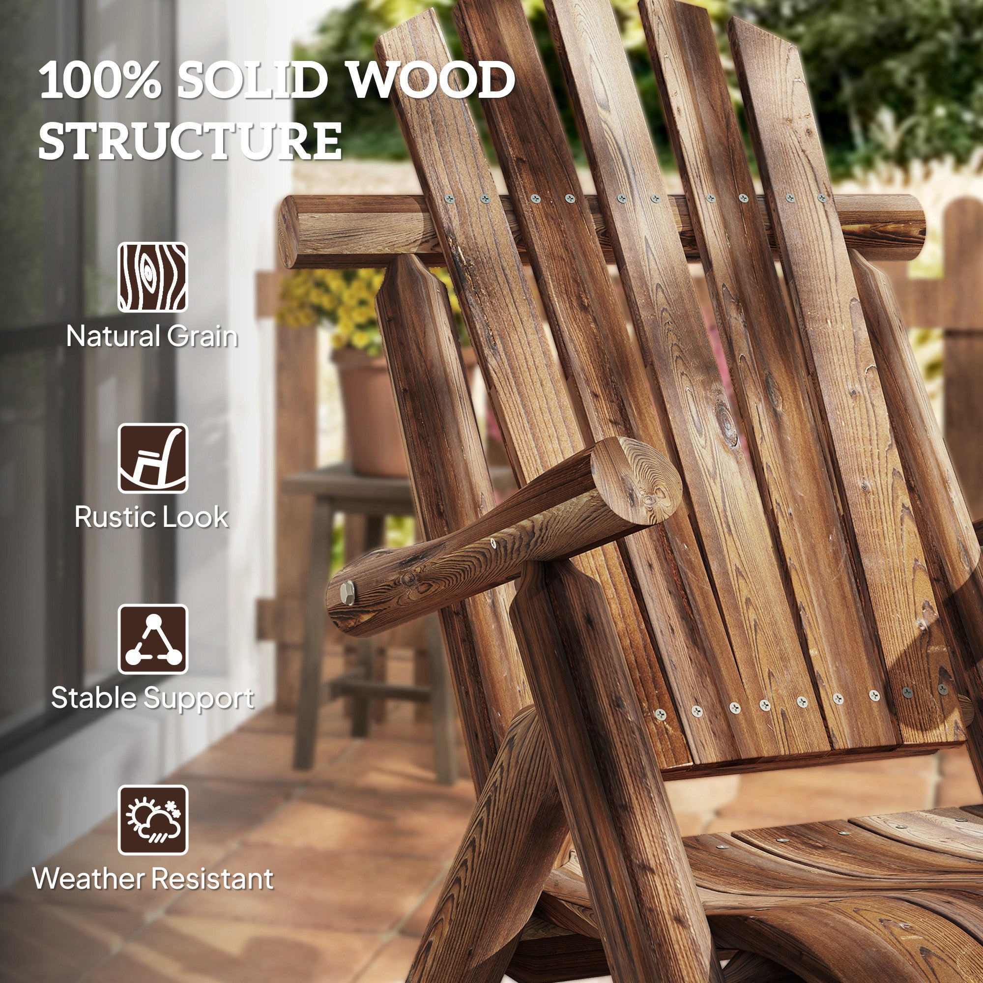 Wooden Outdoor Rocking Chair, Oversized Adirondack Patio Rocker with High Back and Slatted Seat, Carbonized