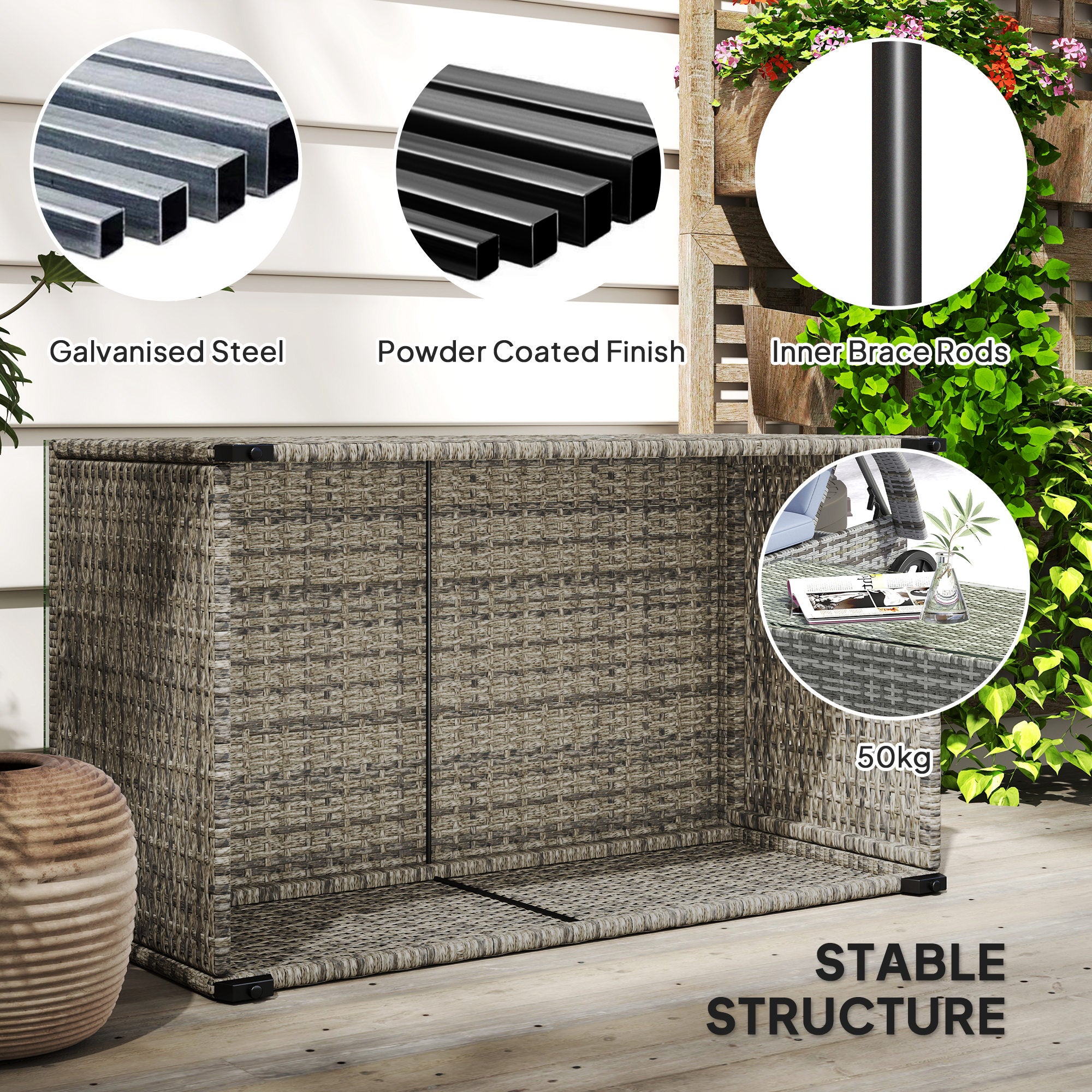 Wicker Outdoor Coffee Table, PE Wicker Rectangular Patio Table with Tempered Glass Top for Garden, Balcony, Dark Grey
