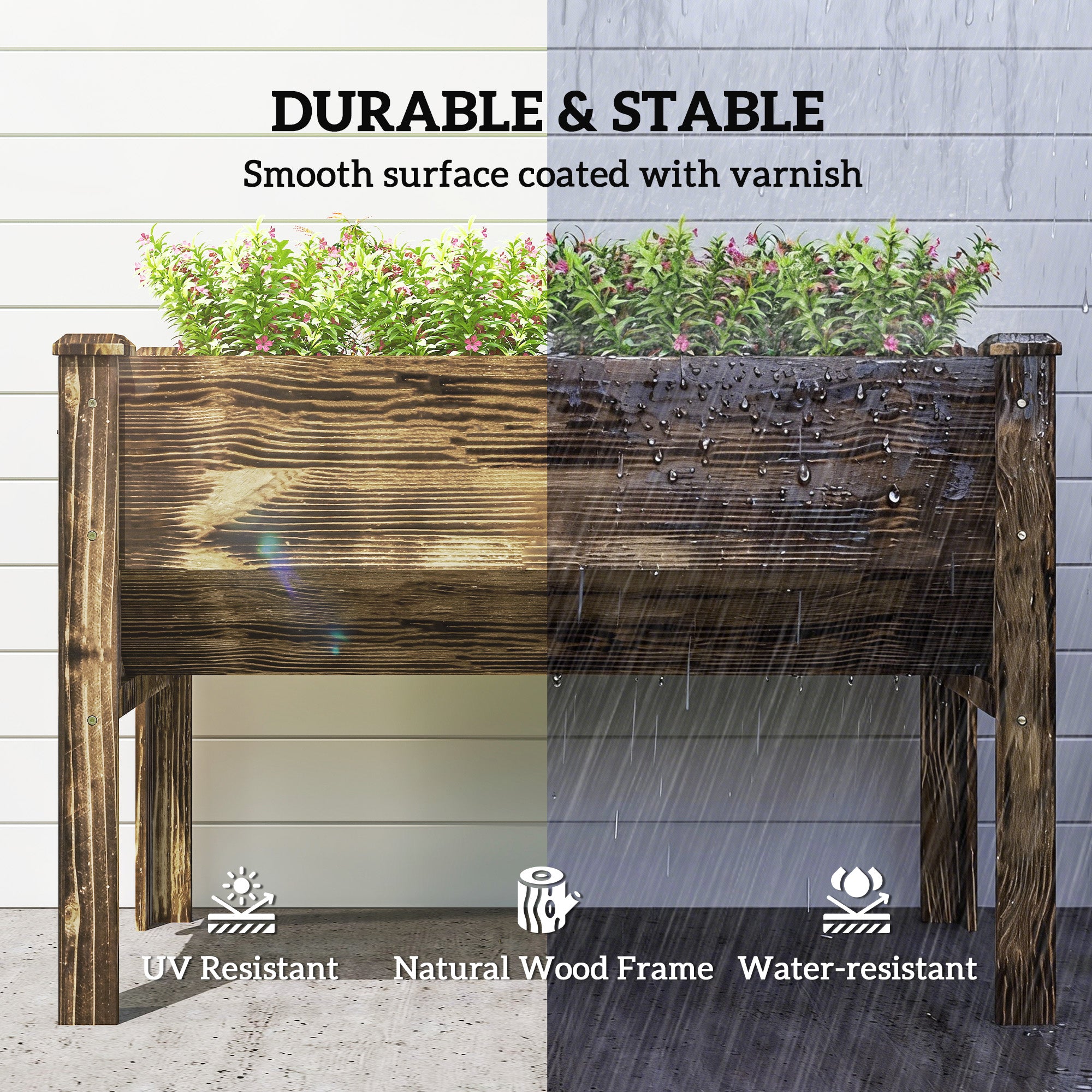Wooden Raised Garden Plant Stand Outdoor Tall Flower Bed Box with Hooks, 48" x 24" x 32", Carbonized