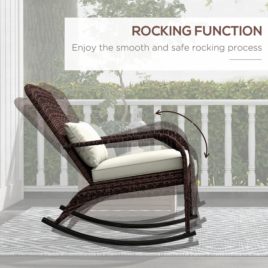 Adirondack Chair, Outdoor Wicker Rocking Chair with High Back, Seat Cushion and Pillow for Porch, Balcony, Cream/Brown