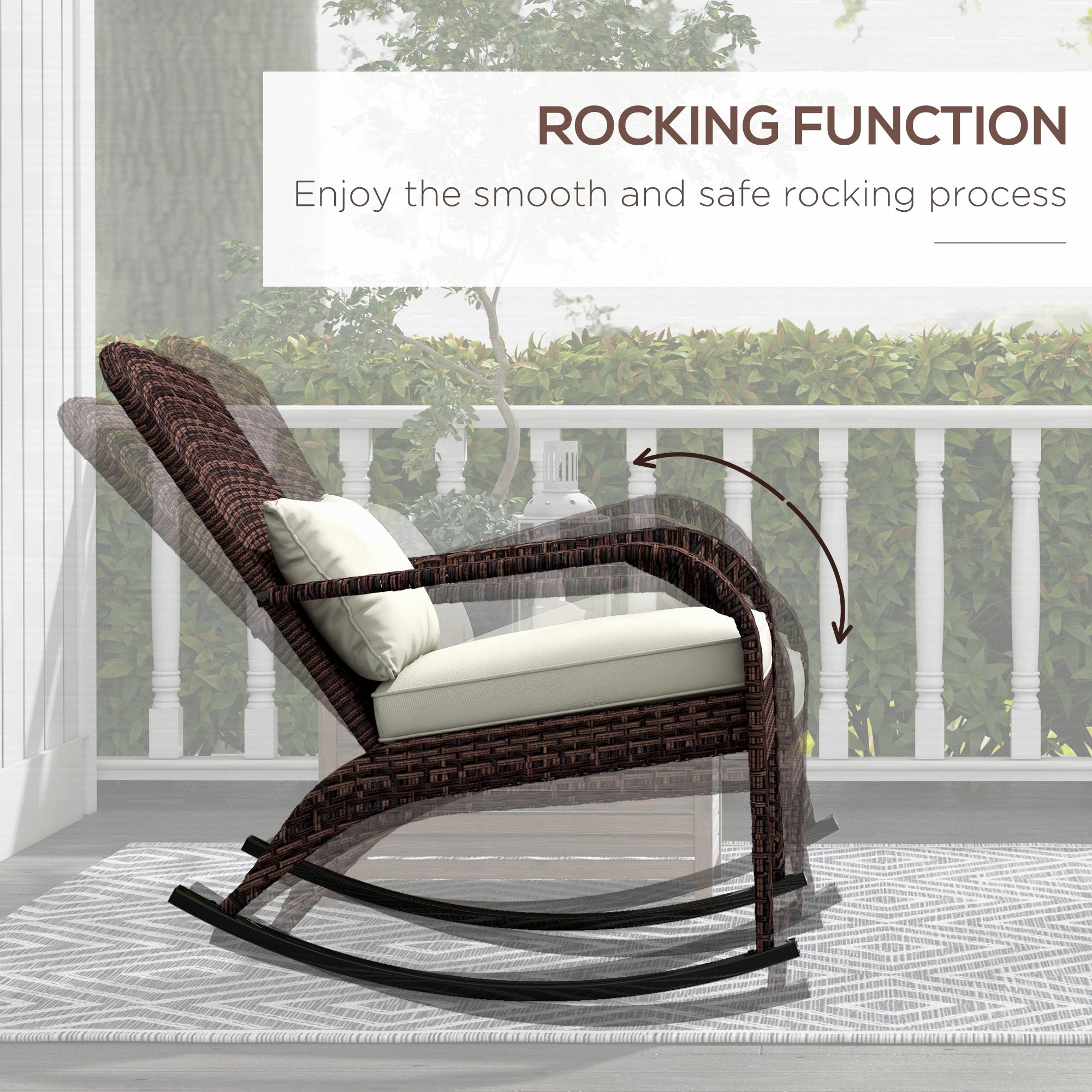 Adirondack Chair, Outdoor Wicker Rocking Chair with High Back, Seat Cushion and Pillow for Porch, Balcony, Cream/Brown