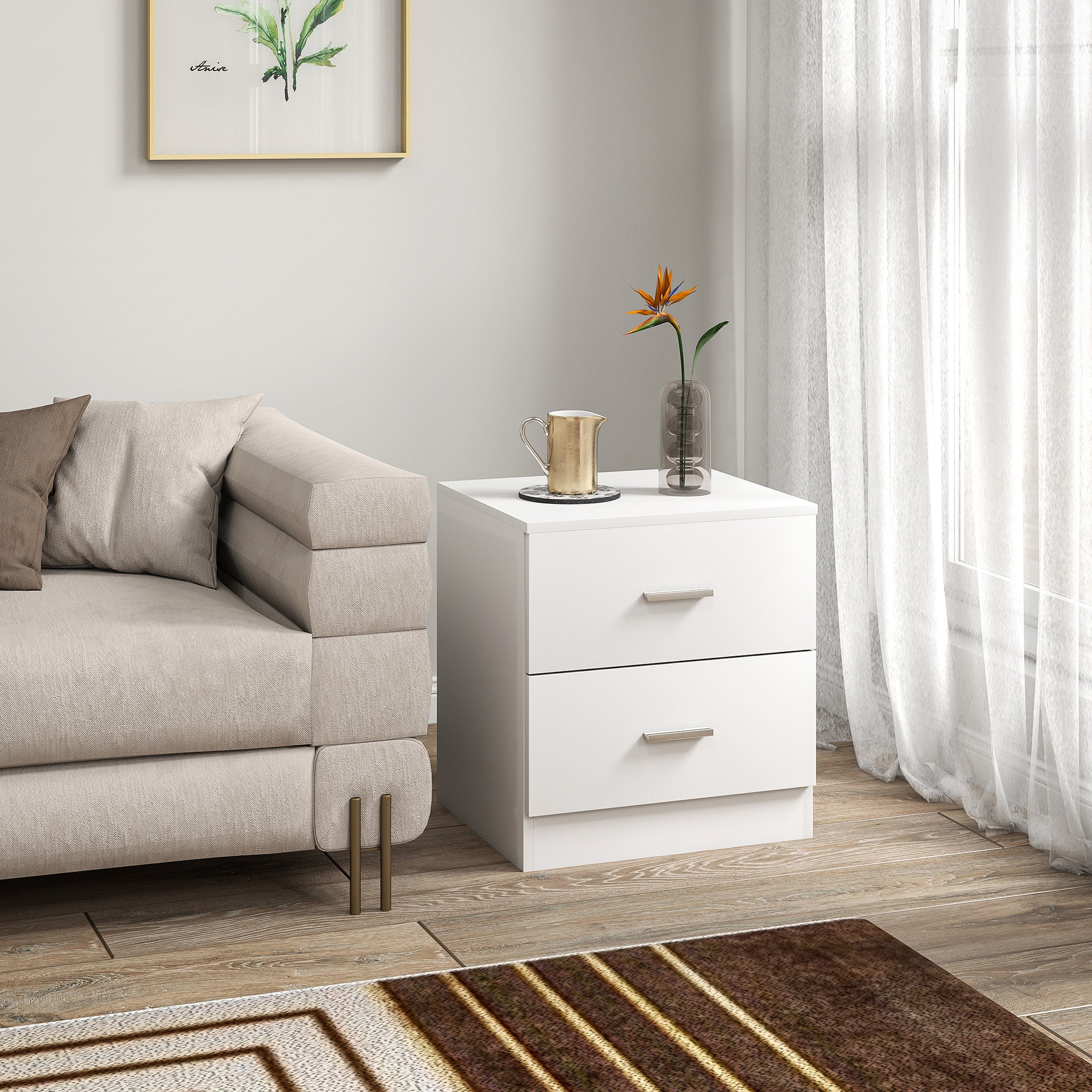 Bedside Table with 2 Drawers, Modern Nightstand for Bedroom, White