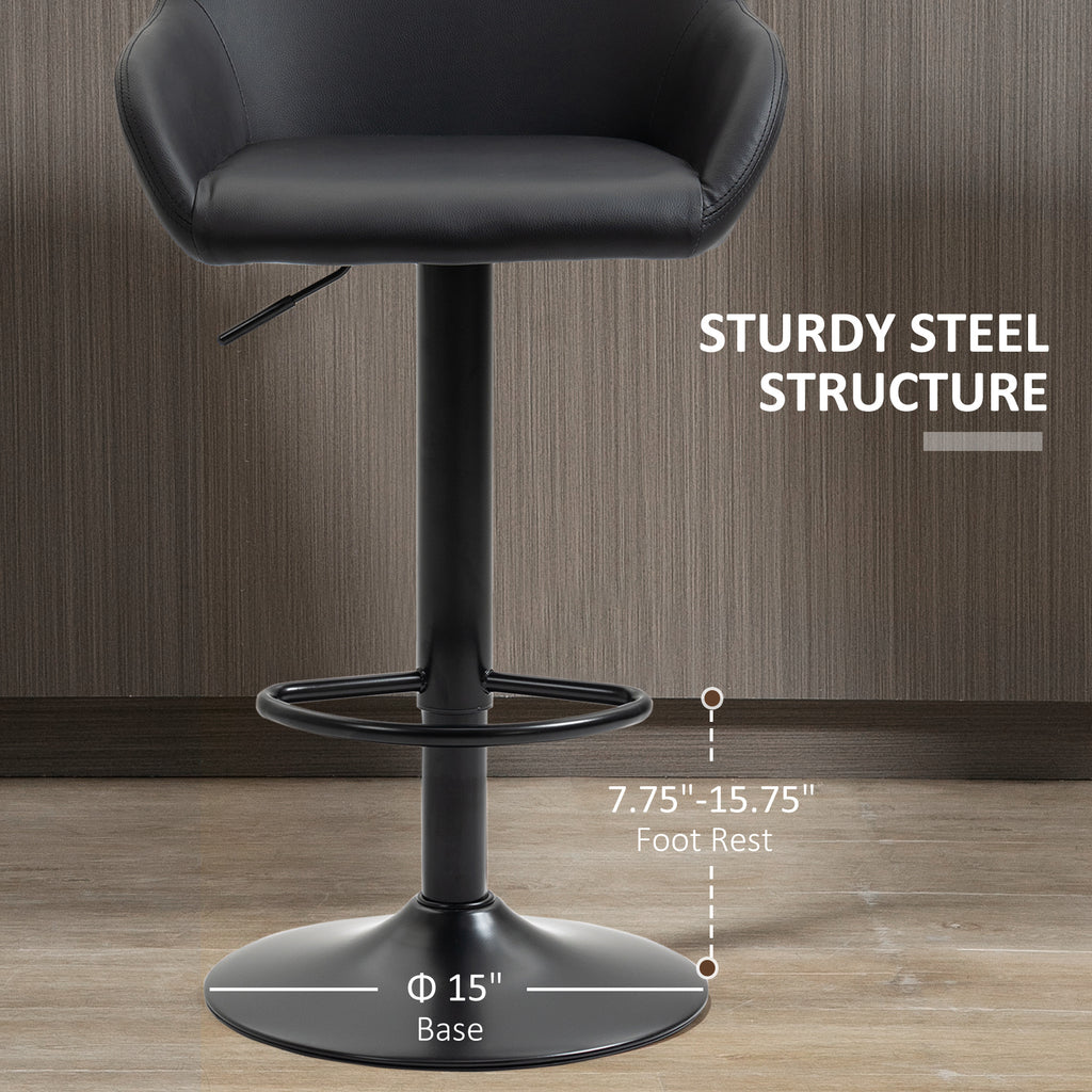Adjustable Bar Stools Set of 2, Swivel Barstools with Footrest and Back, PU Leather and Steel Round Base, Black