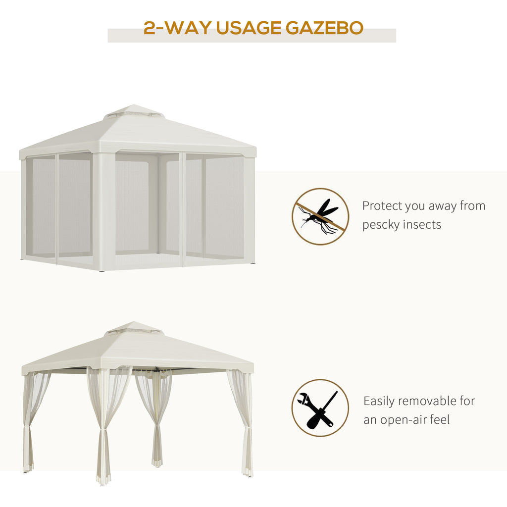 10' x 10' Patio Gazebo Pavilion, 2-Tier Roof Canopy Outdoor Shelter with Steel Frame and Mosquito Netting for Garden, Yard and Outdoor Events, Cream White