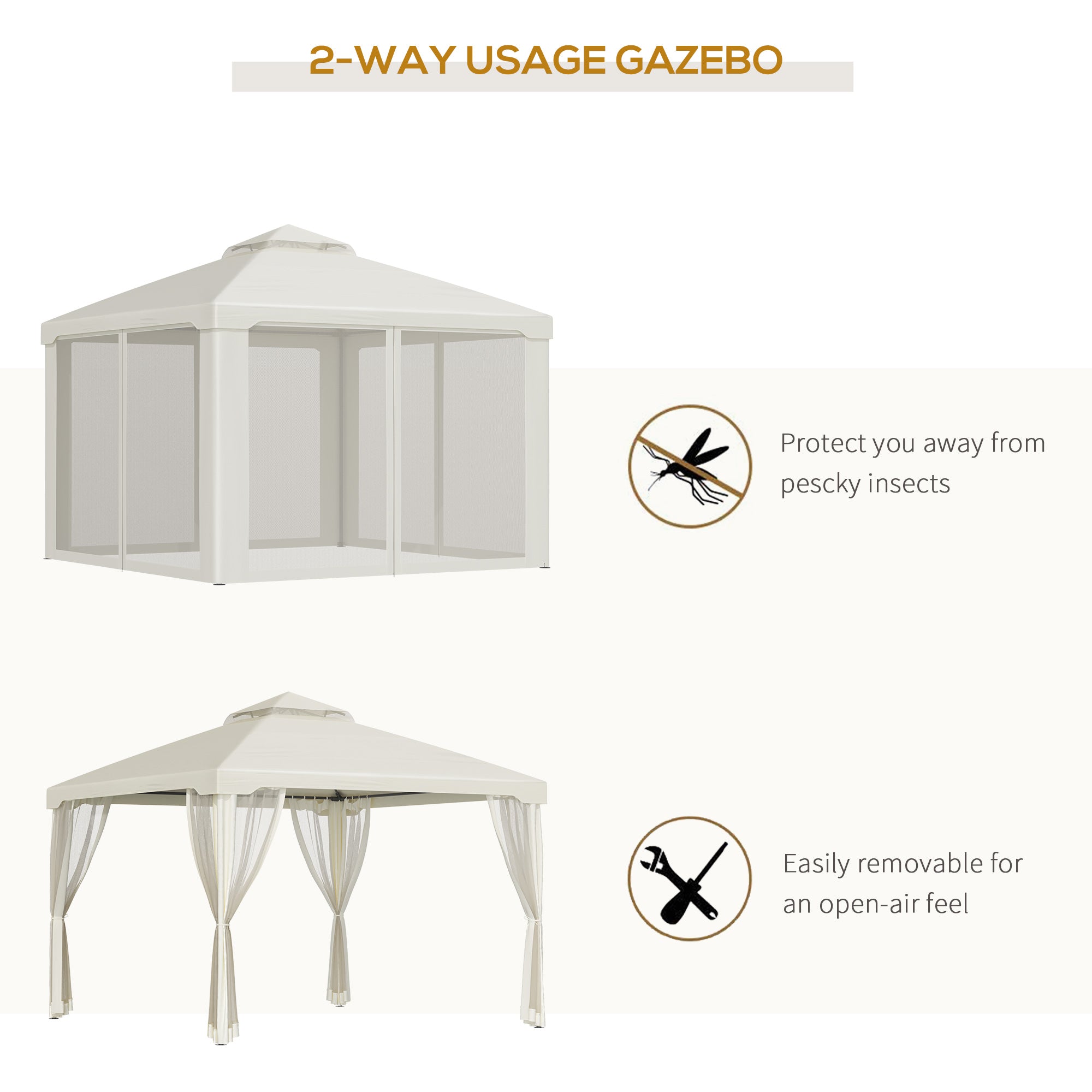 10' x 10' Patio Gazebo Pavilion, 2-Tier Roof Canopy Outdoor Shelter with Steel Frame and Mosquito Netting for Garden, Yard and Outdoor Events, Cream White