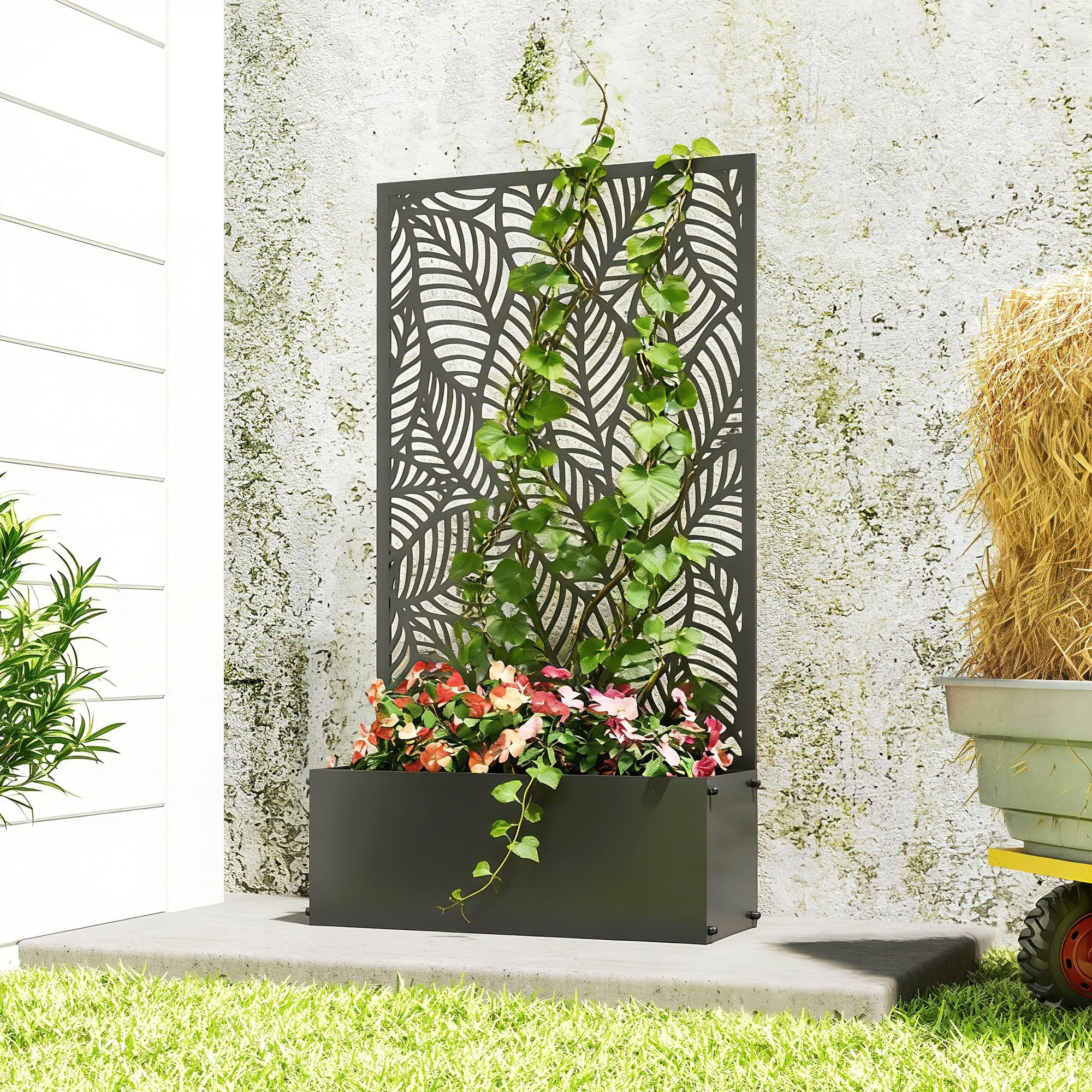 Metal Planter Box with Trellis, 44.5" Raised Garden Bed with Trellis Privacy Screen for Climbing Plants, Leaves Cut-Out