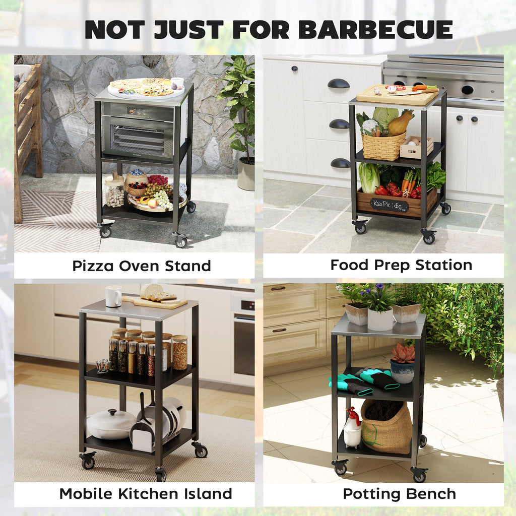 Outdoor Grill Cart, Pizza Oven Stand with Stainless Steel Top, 3-Tier Rolling Kitchen Prep Station with Wheels, Black