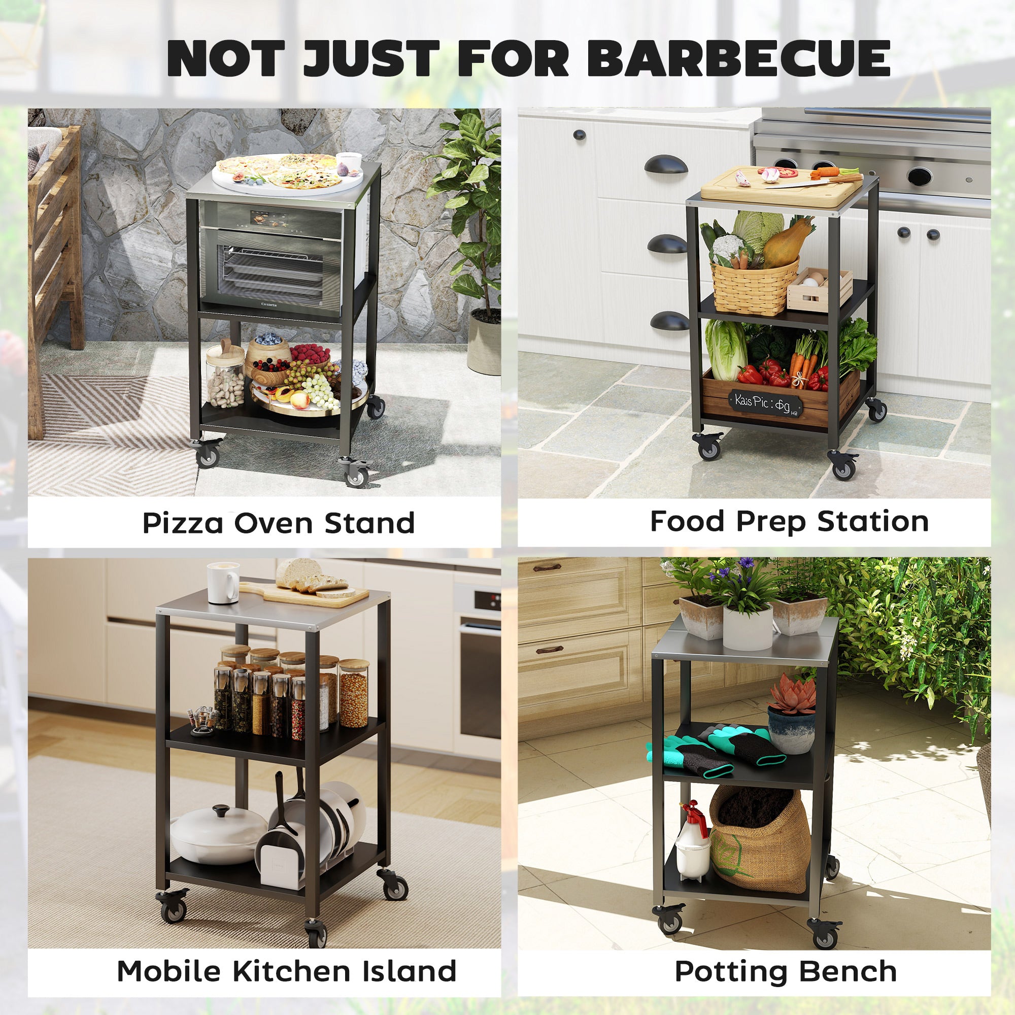 Outdoor Grill Cart, Pizza Oven Stand with Stainless Steel Top, 3-Tier Rolling Kitchen Prep Station with Wheels, Black