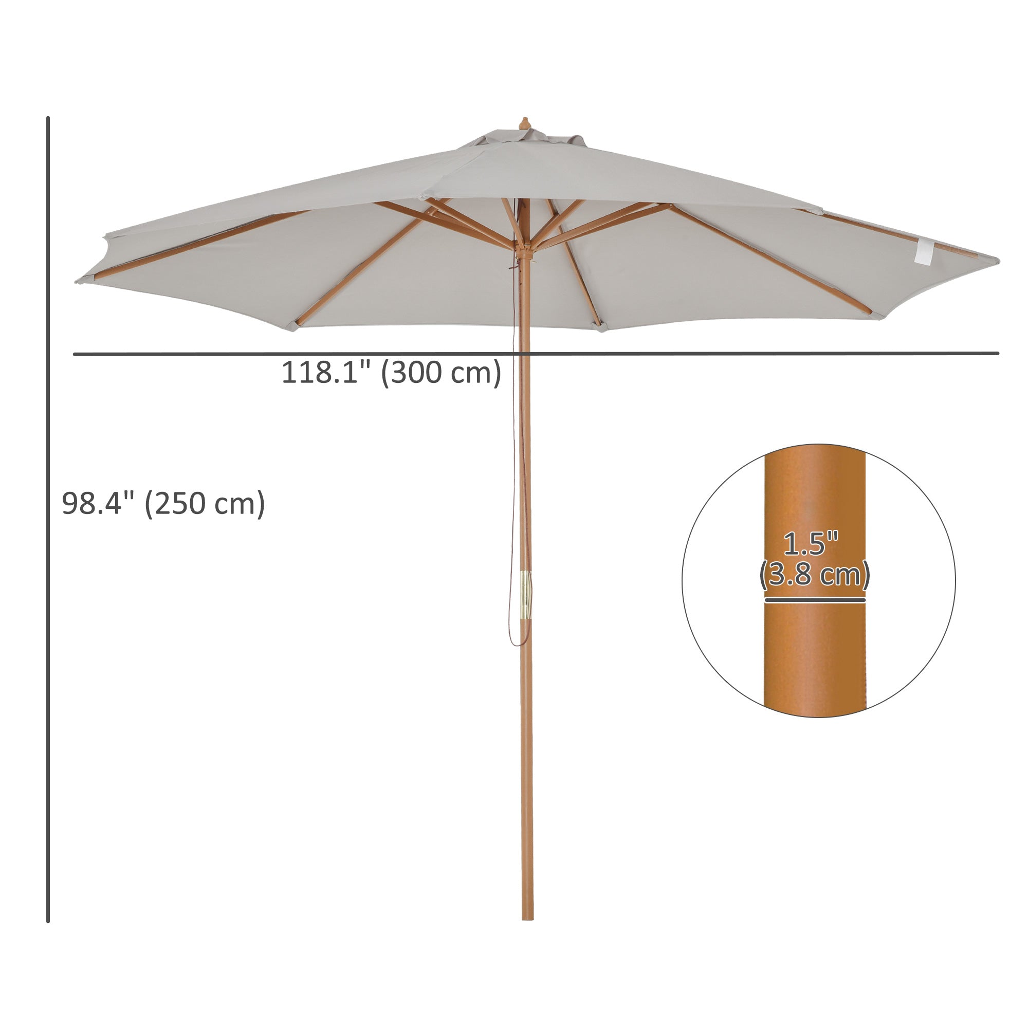 10' x 8' Wooden Patio Umbrella, Garden Parasol, Outdoor Sunshade Canopy with Bamboo Rib for Outdoor, Grey