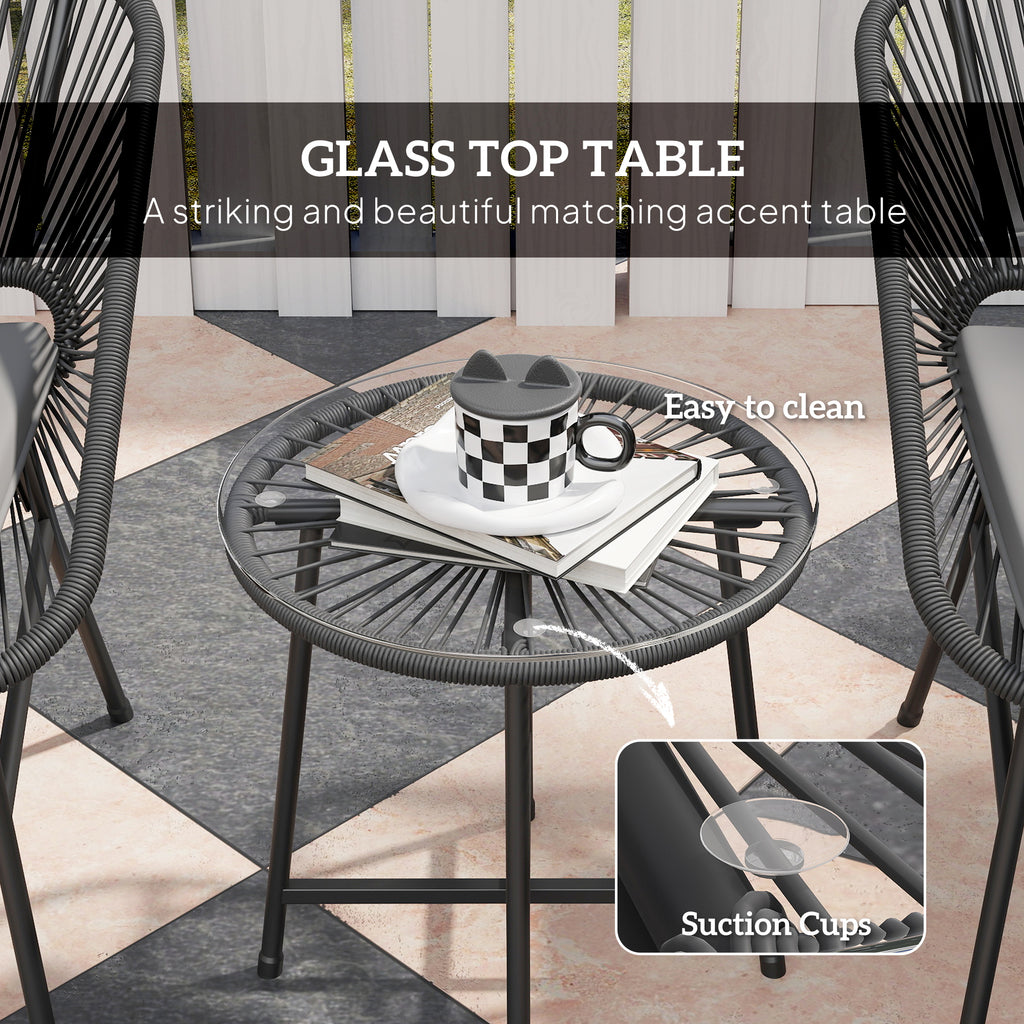 3 Piece Bistro Set, Wicker Outdoor Patio Furniture Set with Glass Top Table, Cushions for Balcony, Porch, Black