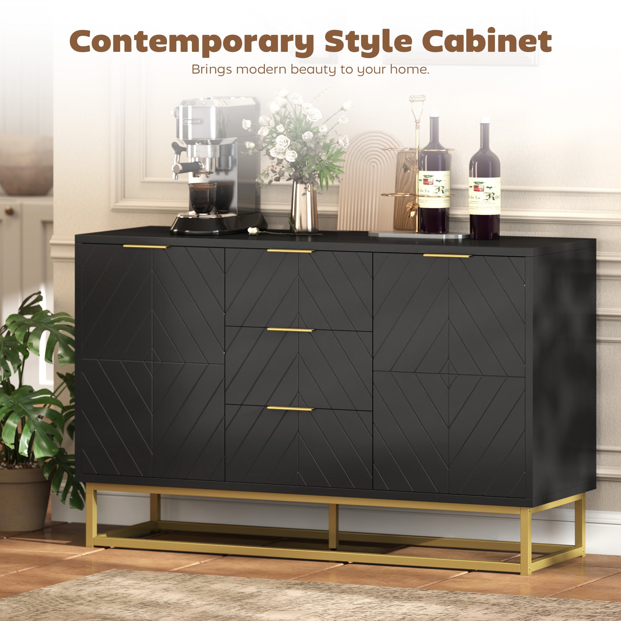 Sideboard Storage Cabinet with 3 Drawers, Adjustable Shelves and Doors, Kitchen Buffet Cabinet for Dining Room, Black