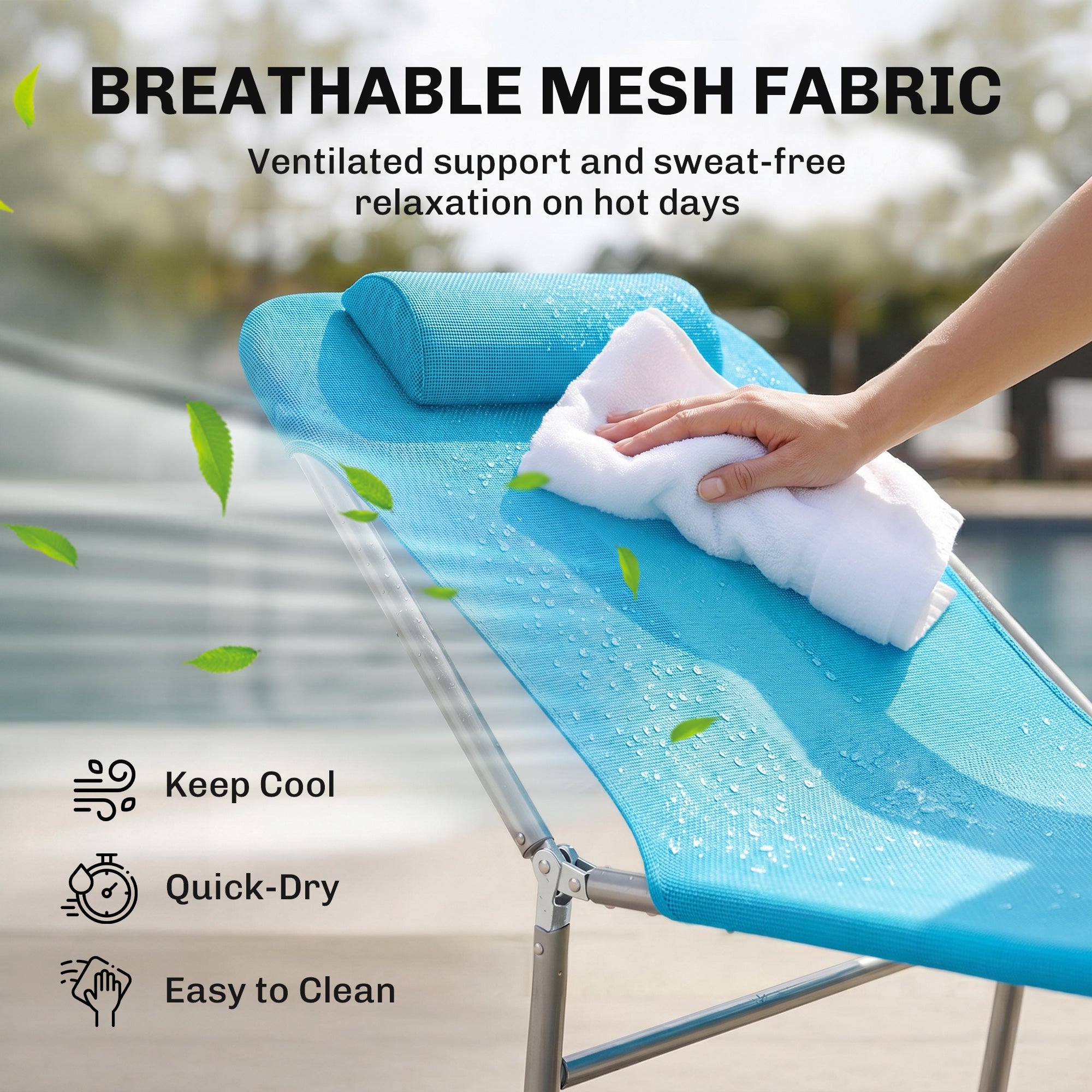 Outdoor Lounge Chair, Portable Adjustable Reclining Seat Folding Chaise Lounge Patio Camping Beach Tanning Chair Bed with Pillow, Blue
