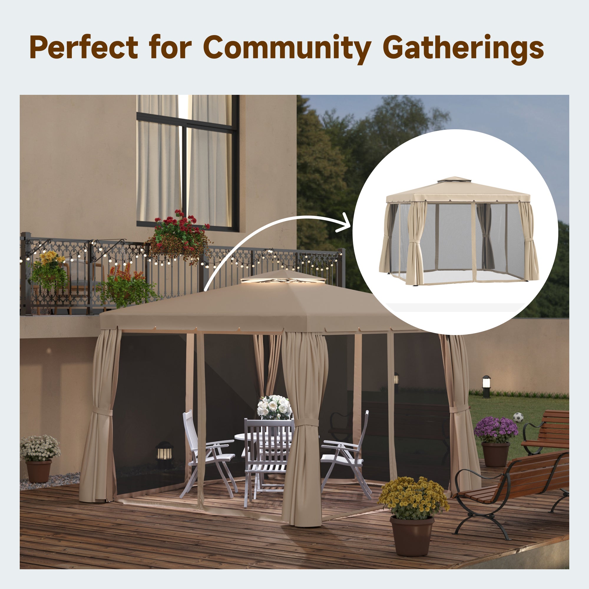 10' x 10' Deck Gazebo with Curtains & Mesh Screen Drapes, Double Roof Canopy Polyester Shade for Backyard Garden, Khaki