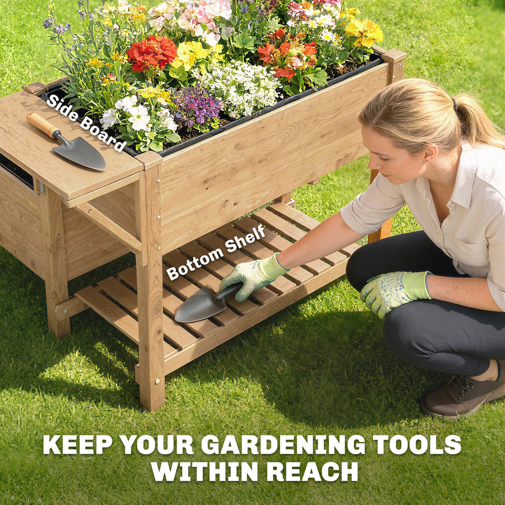 Wooden Raised Garden Bed, 2-Tier Raised Planter with Storage Shelf, Side Board, Drainage Holes and Liner