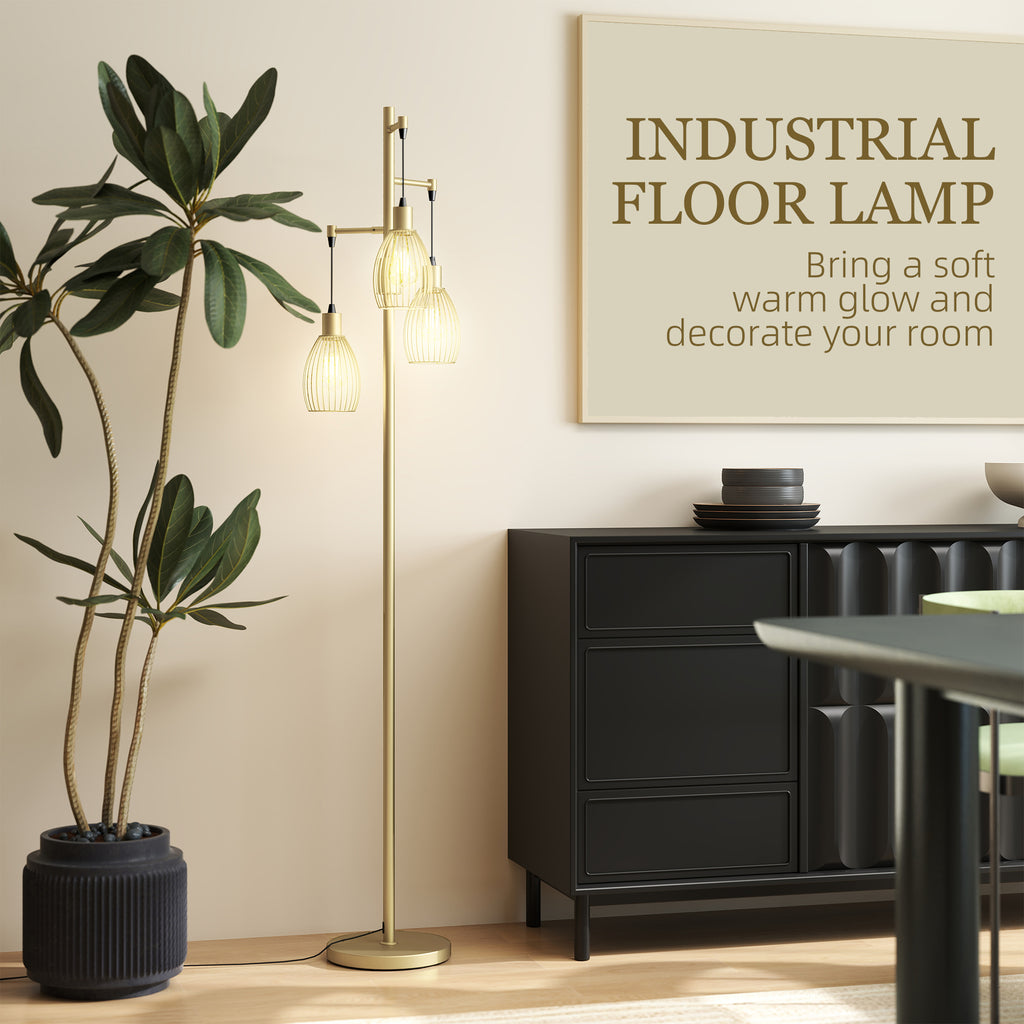 Industrial Floor Lamp with 3 Hanging Wire Lampshades, Dimmable Standing Lamp for Living Room, Gold