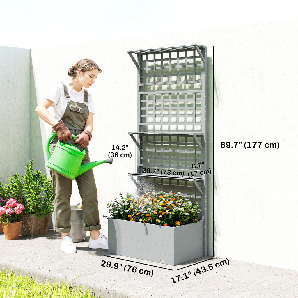 Wooden Raised Garden Bed with Trellis and Roof, Elevated Planter Box with 2 Shelves, Drainage Hole and Liner, Grey