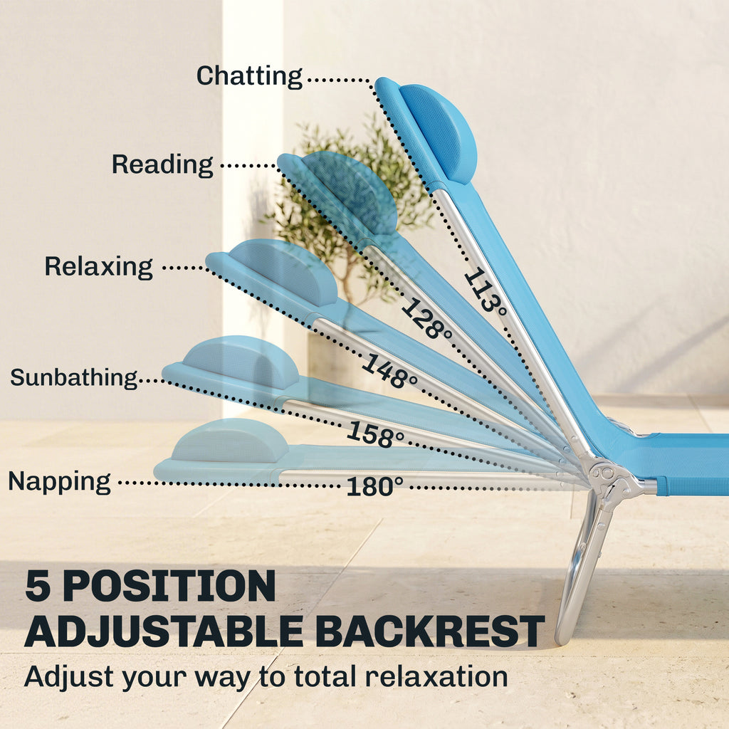 Set of 2 Folding Chaise Lounge Chairs, Outdoor Poolside Sun Tanning Chairs w/ Pillow, Reclining Backrest, Blue