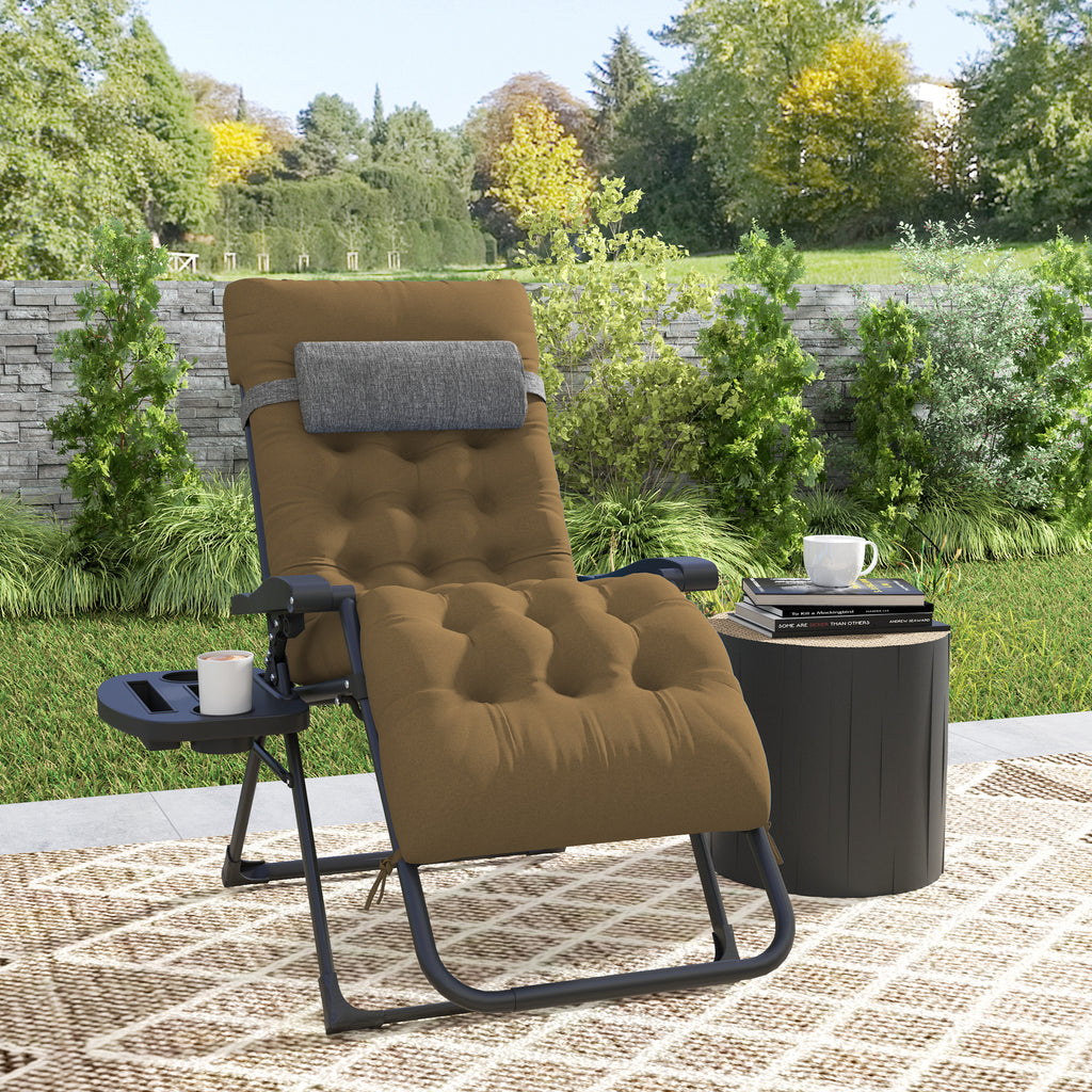Padded Folding Recliner Chair, Patio Lounger with Cupholder, Adjustable Backrest, Removable Cushion, Light Khaki