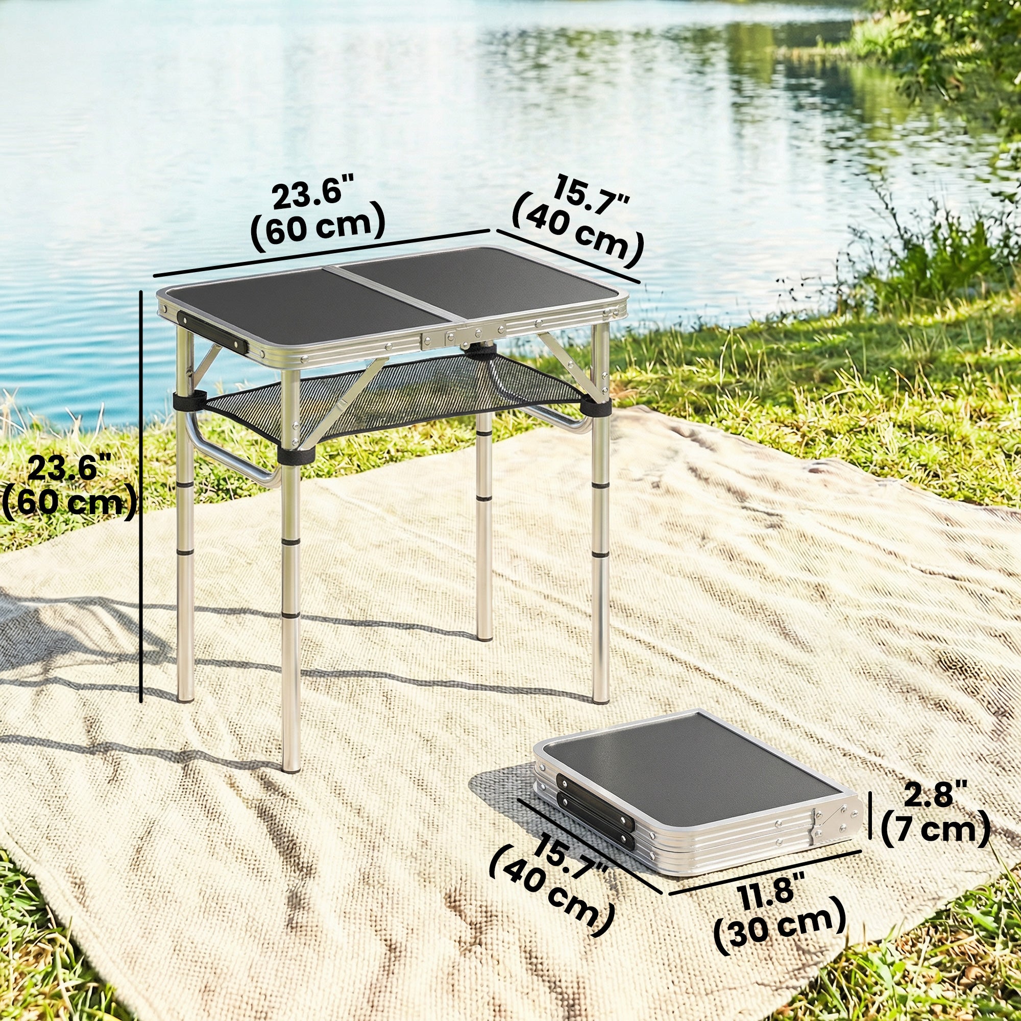 2ft Folding Camping Table, Picnic Table with Mesh Storage Layer, 4 Adjustable Heights and Carrying Handle, Black