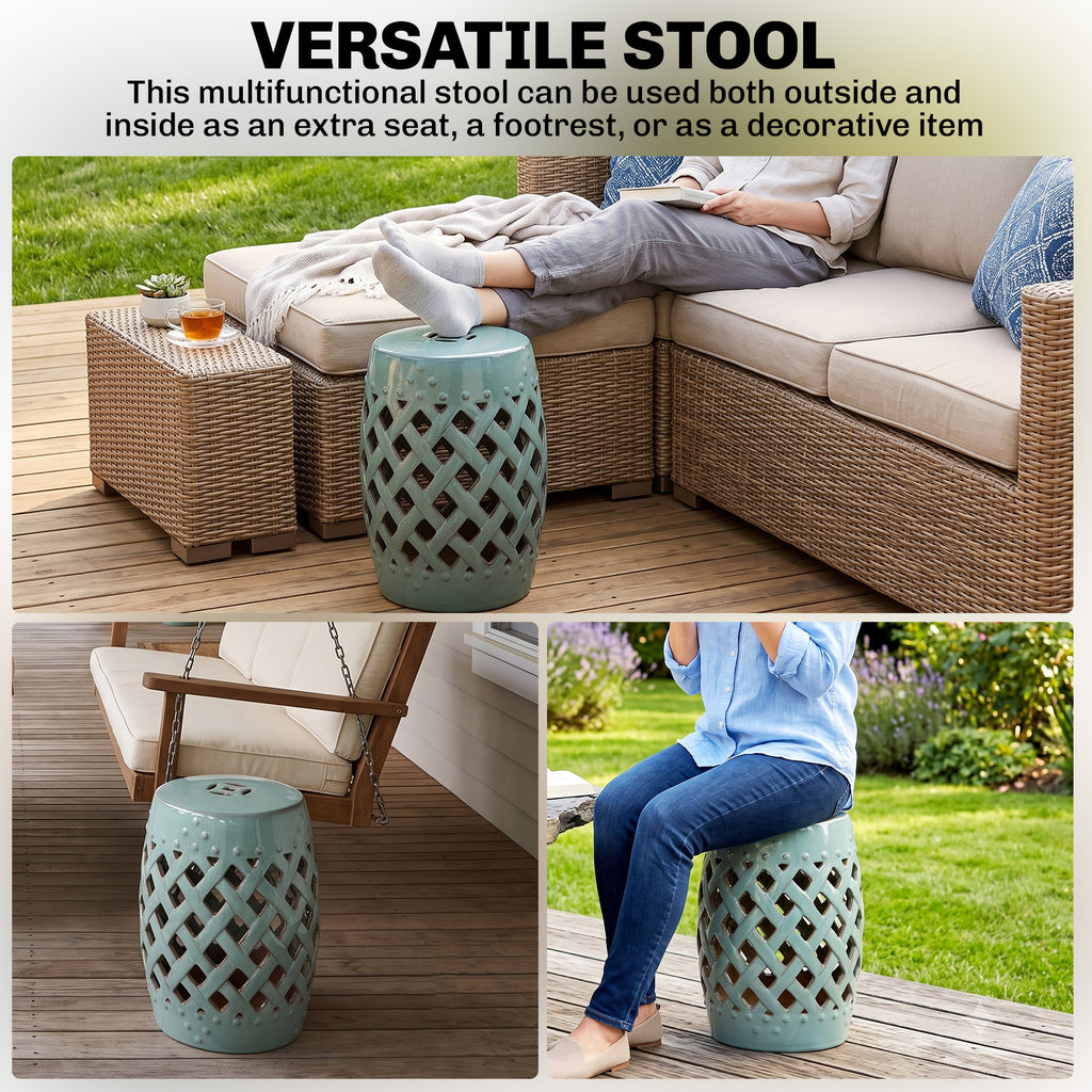 12.4" x 17.9" Ceramic Garden Stool with Woven Lattice Design, Indoor & Outdoor Decorative Accent Stool, Blue