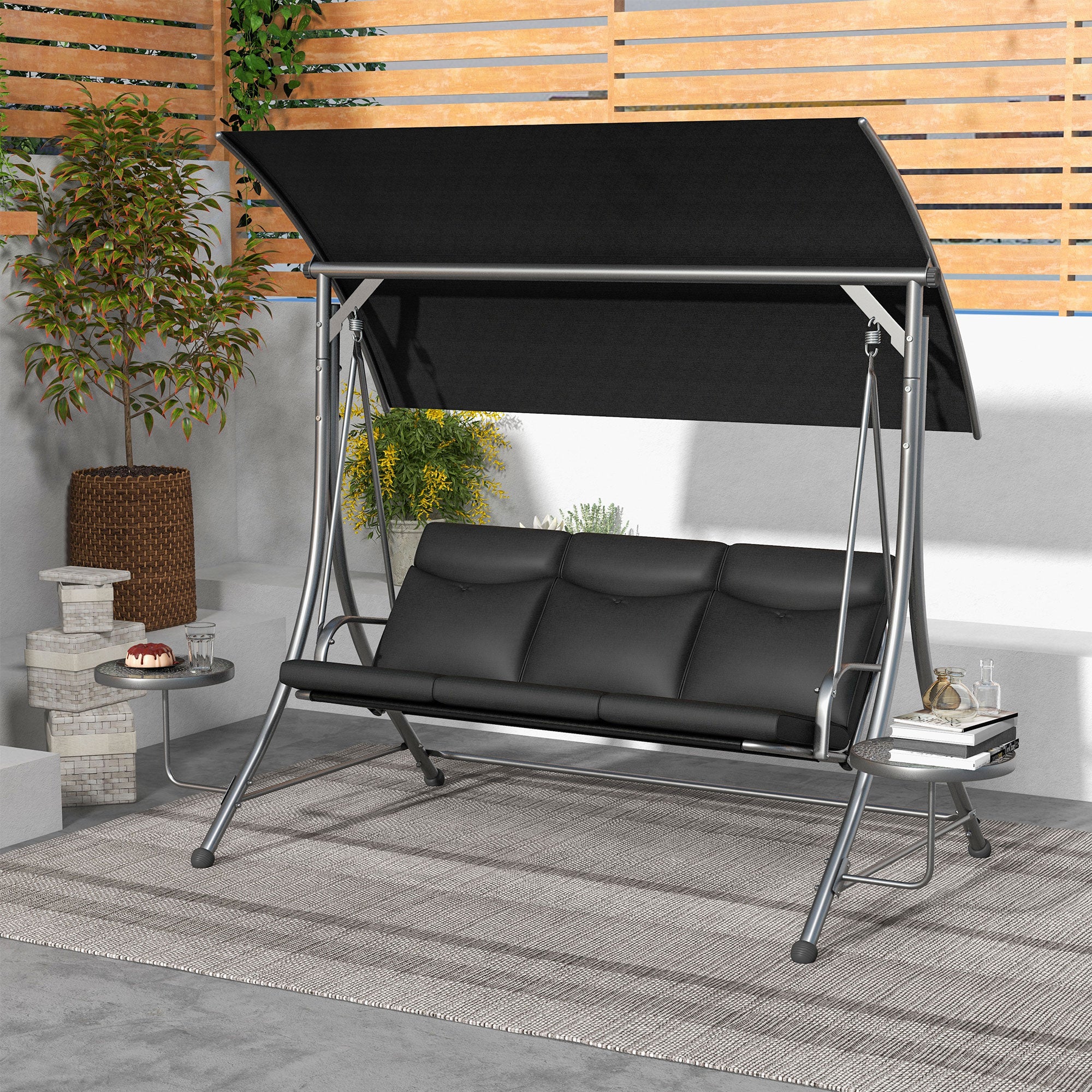 3-Seat Outdoor Swing Chair Steel Swing Bench with Adjustable Canopy & Coffee Tables & Cushion for Patio Garden, Black