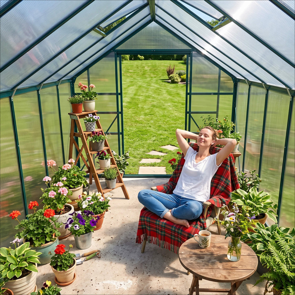 16' x 8' Aluminum Polycarbonate Greenhouse Walk-in Garden Greenhouse Kit with Adjustable Roof Vent, Rain Gutter and Sliding Door for Winter, Green