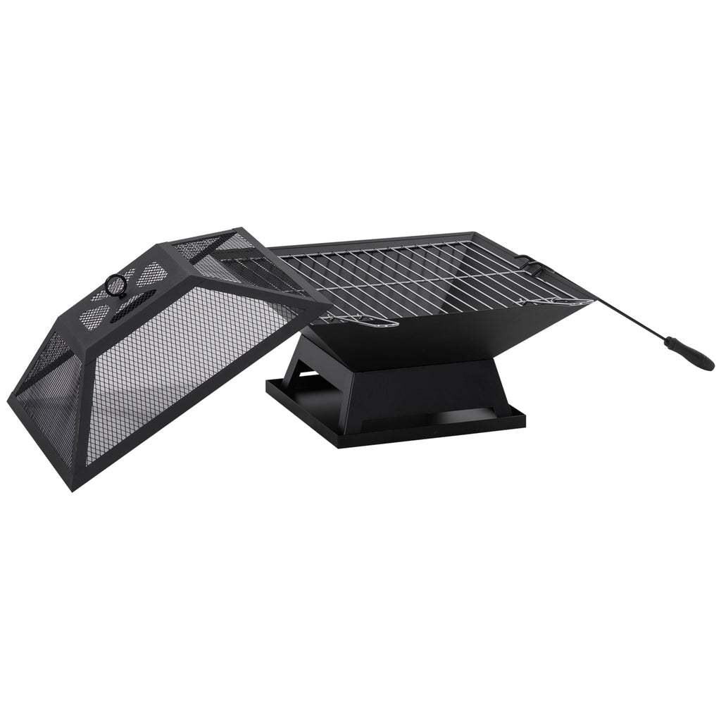 17.7" Wood Burning Portable Fire Pit, Outdoor Firepit with Cooking BBQ Grill, Spark Screen, Poker for Backyard, Black