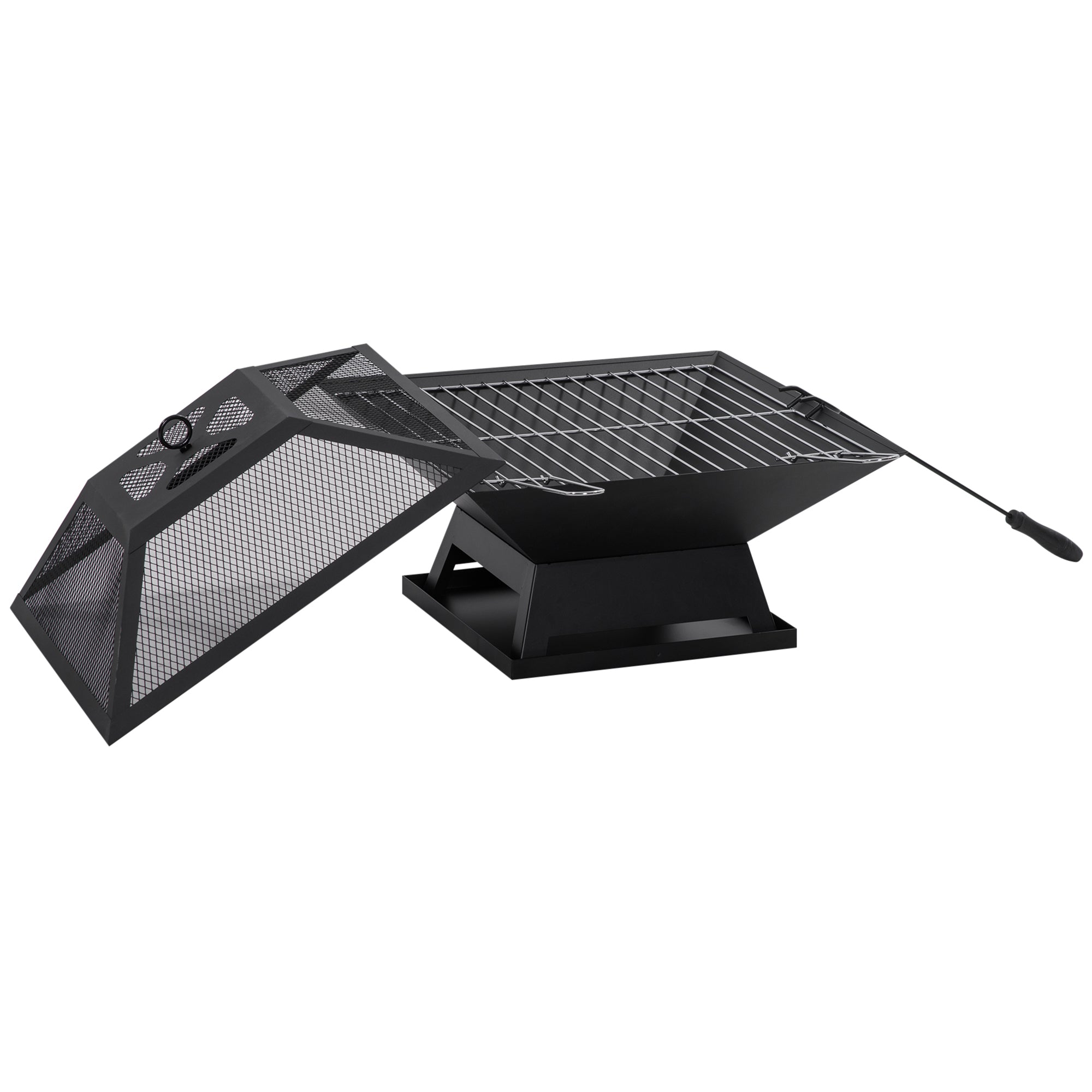 17.7" Wood Burning Portable Fire Pit, Outdoor Firepit with Cooking BBQ Grill, Spark Screen, Poker for Backyard, Black