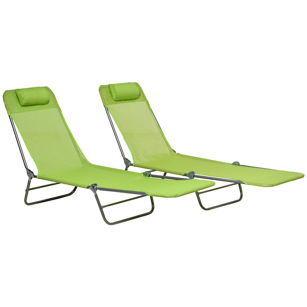 Set of 2 Folding Chaise Lounge Chairs, Outdoor Poolside Sun Tanning Chairs w/ Pillow, Reclining Backrest, Green
