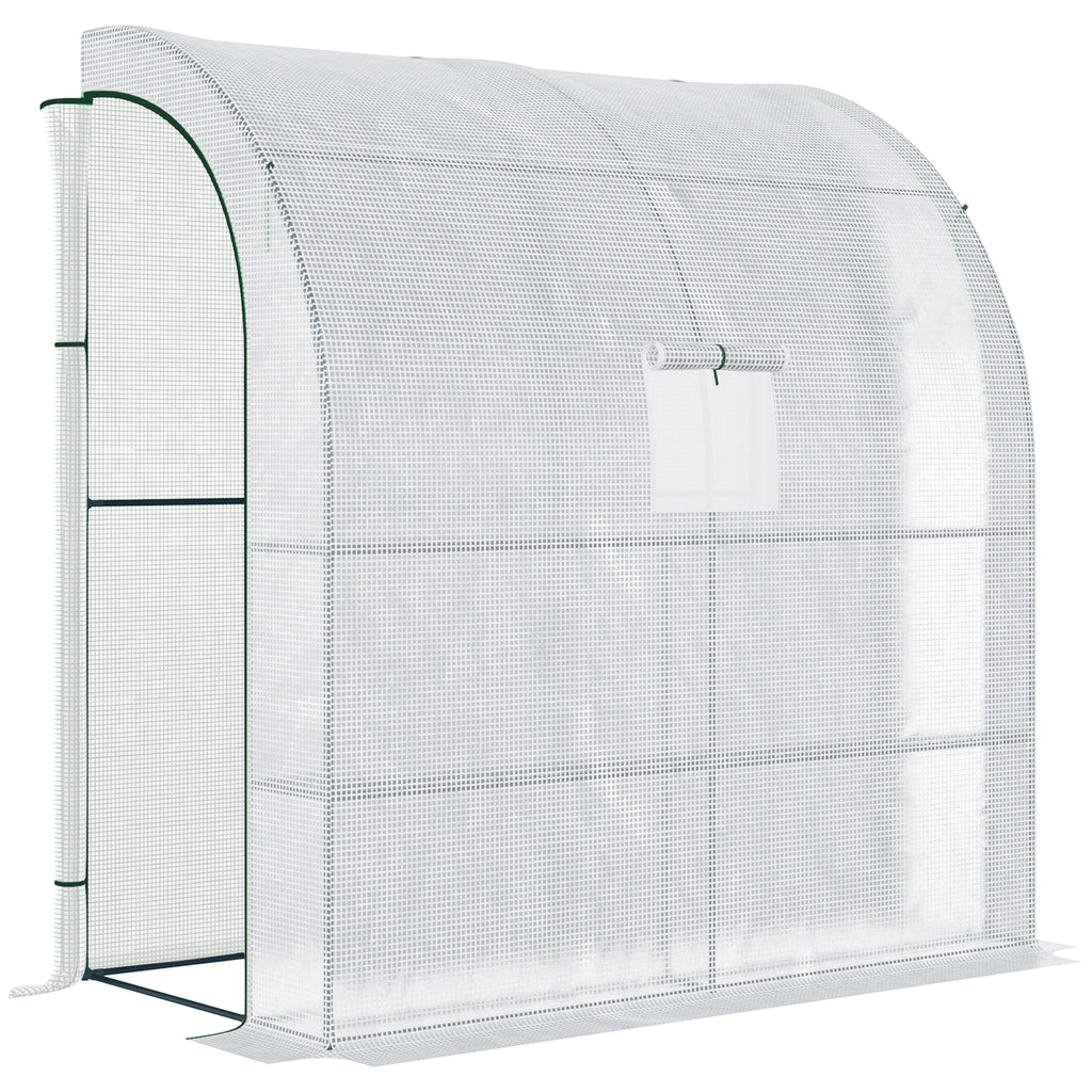 7' x 3' x 7' Outdoor Lean-to Walk-In Greenhouse w/ Roll-up Mesh Windows, Zipper Door and 3-Tier Shelves, White